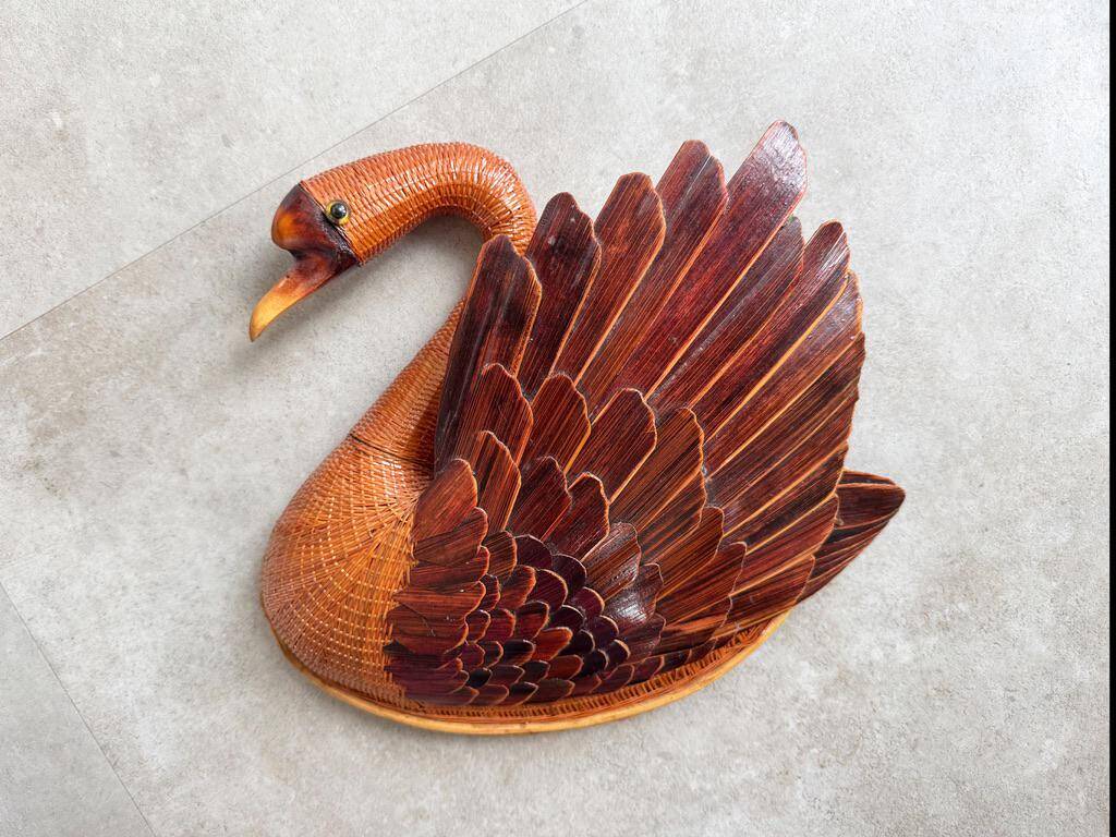 Unique large vintage wicker & rattan swan wall hanging basket