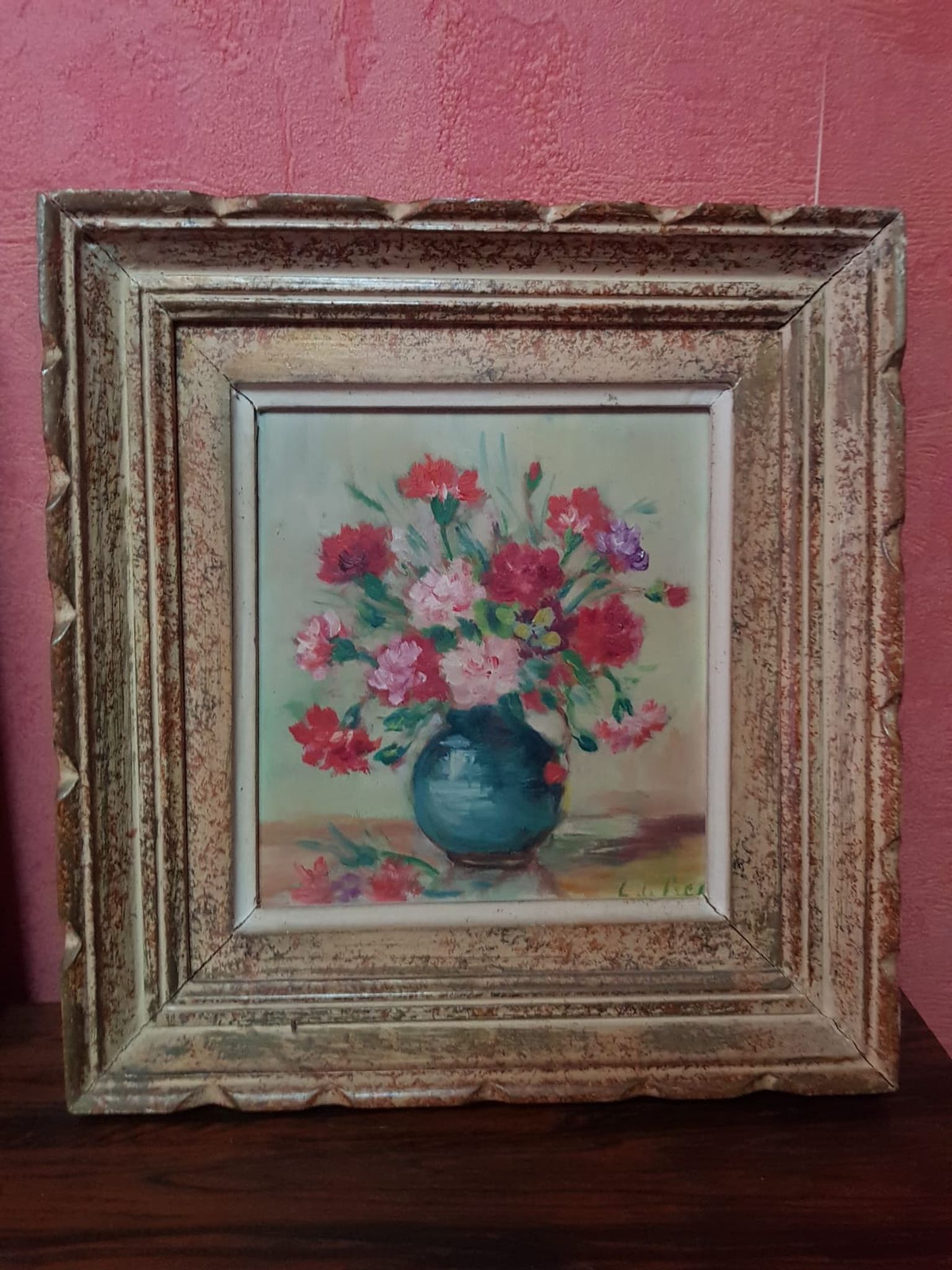 Pair old table c. de fred flower bouquet oil on vintage panel
