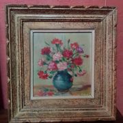 Pair old table c. de fred flower bouquet oil on vintage panel