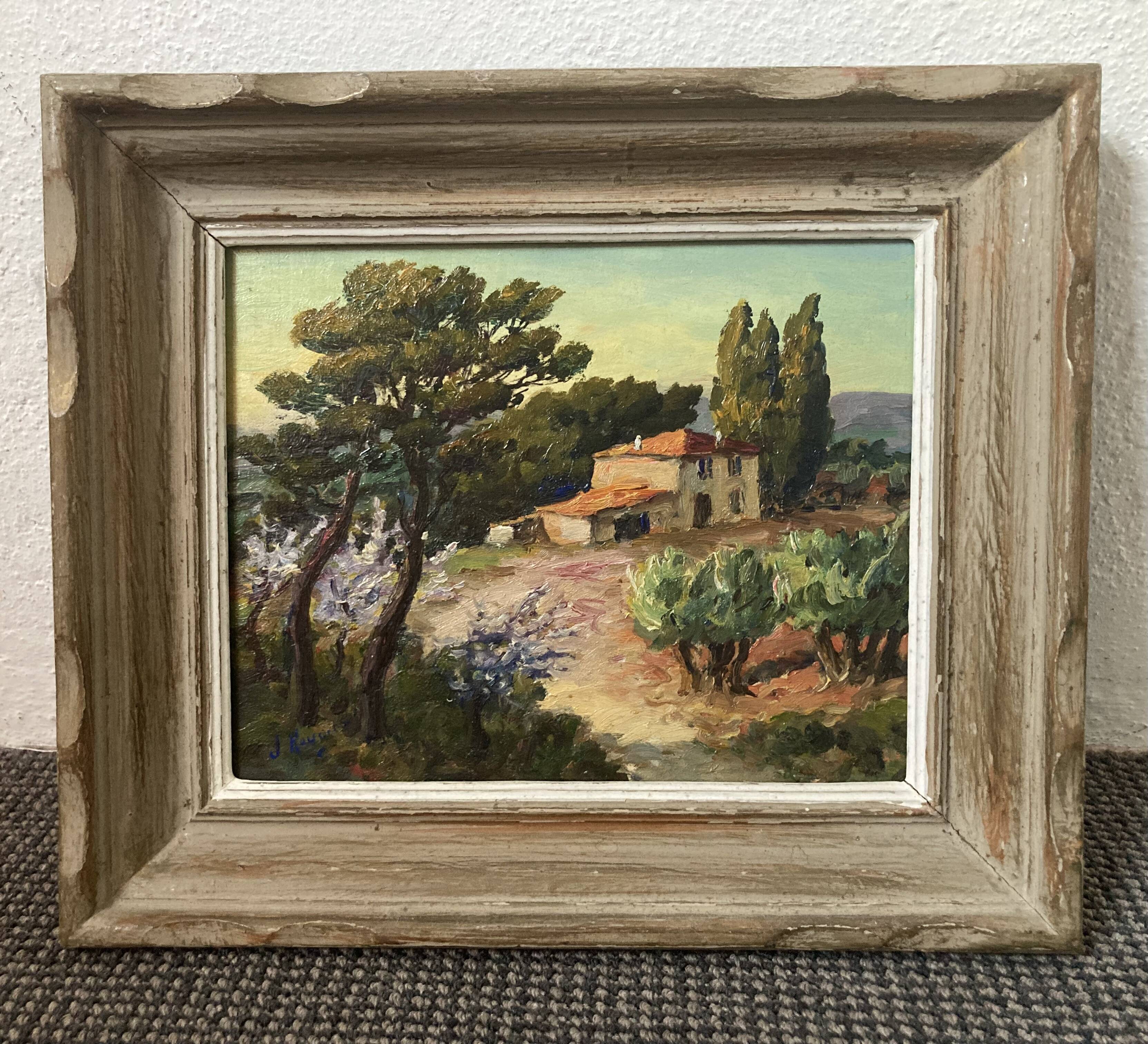 Southern landscape at the bastide painted in oil on hardboard. Signed Rouvier?