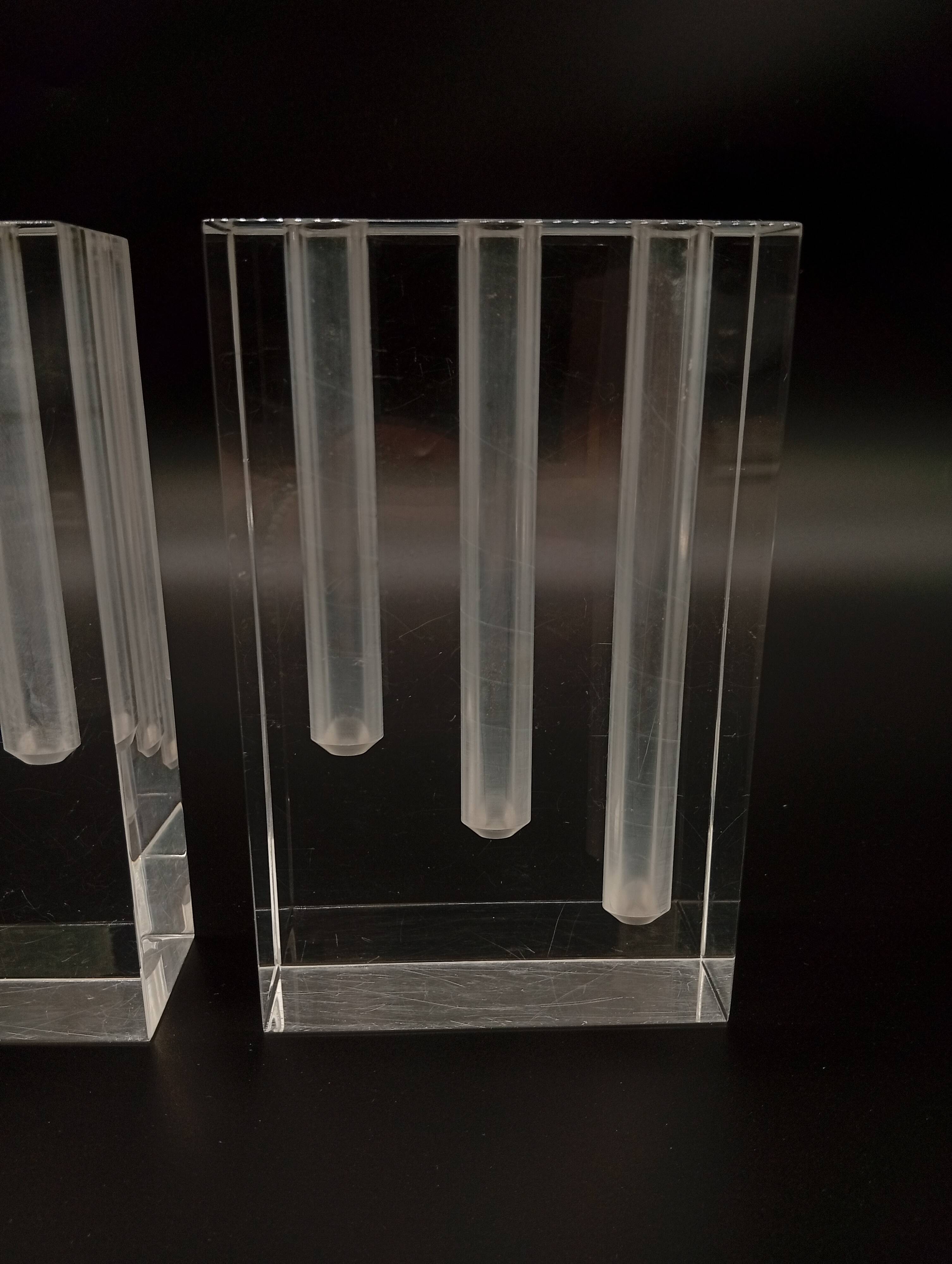 Duo Vase Bloc Résine Lucite Triple Cheminée Plexiglas Design Postmoderne