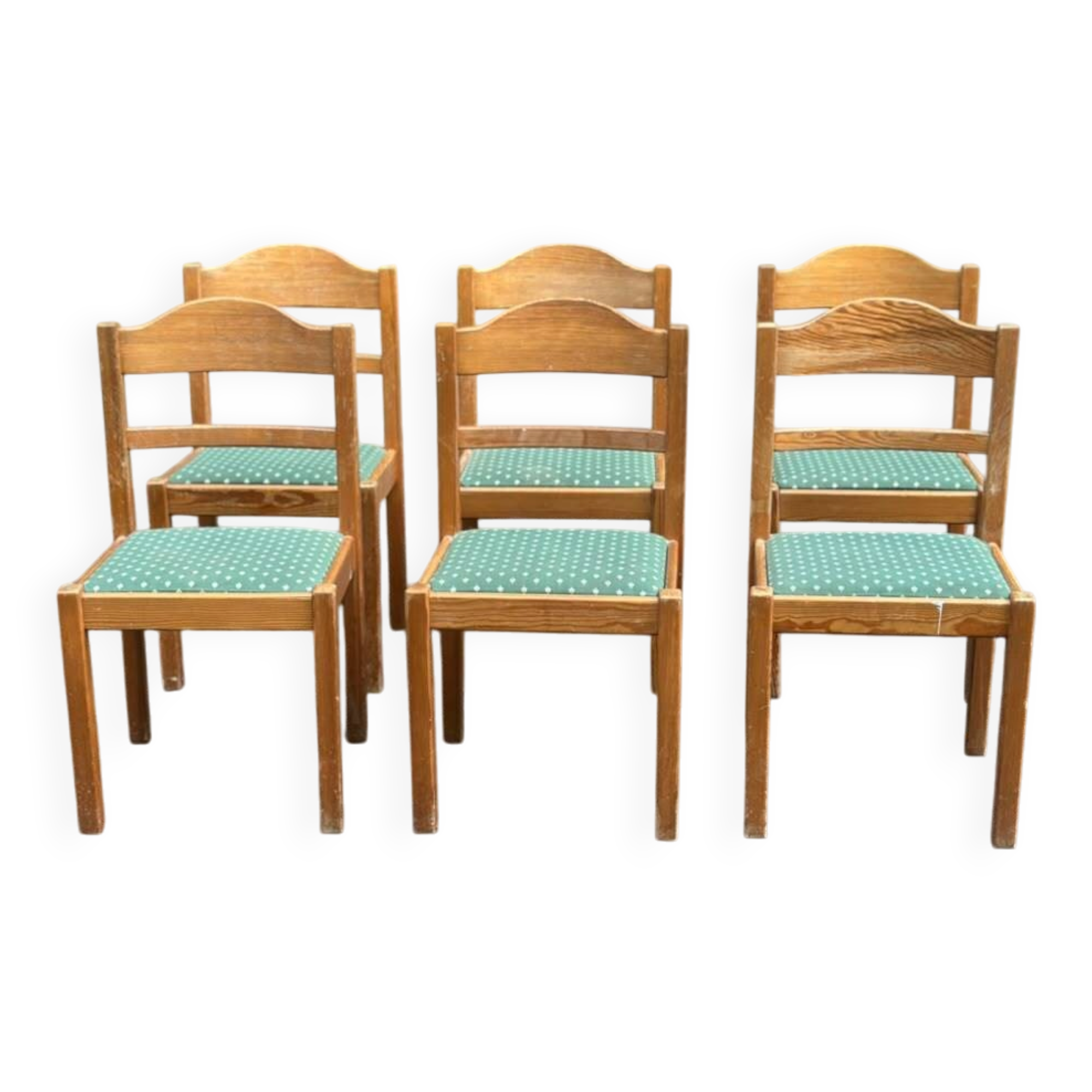 Set of 6 vintage solid wood chairs — Green fabric seats