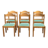 Set of 6 vintage solid wood chairs — Green fabric seats