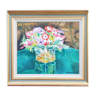 Huile sur toile nature morte bouquet de fleurs François Féderlé 1939-2005