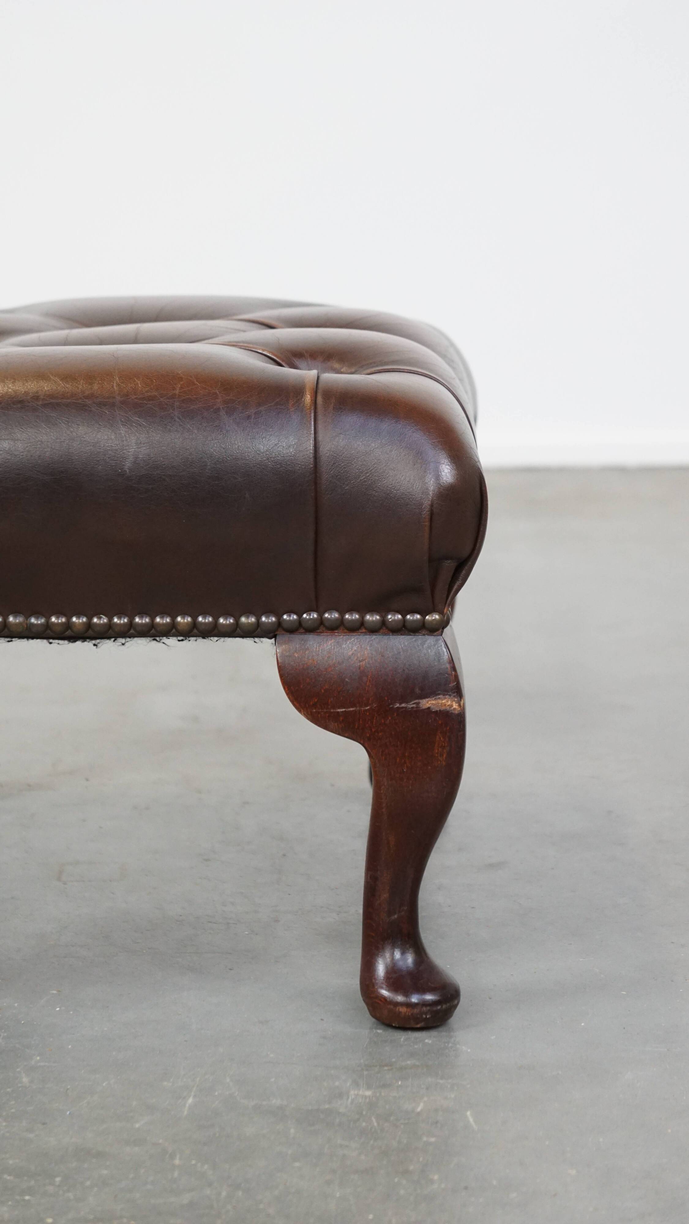 Dark brown cowhide leather Chesterfield ottoman