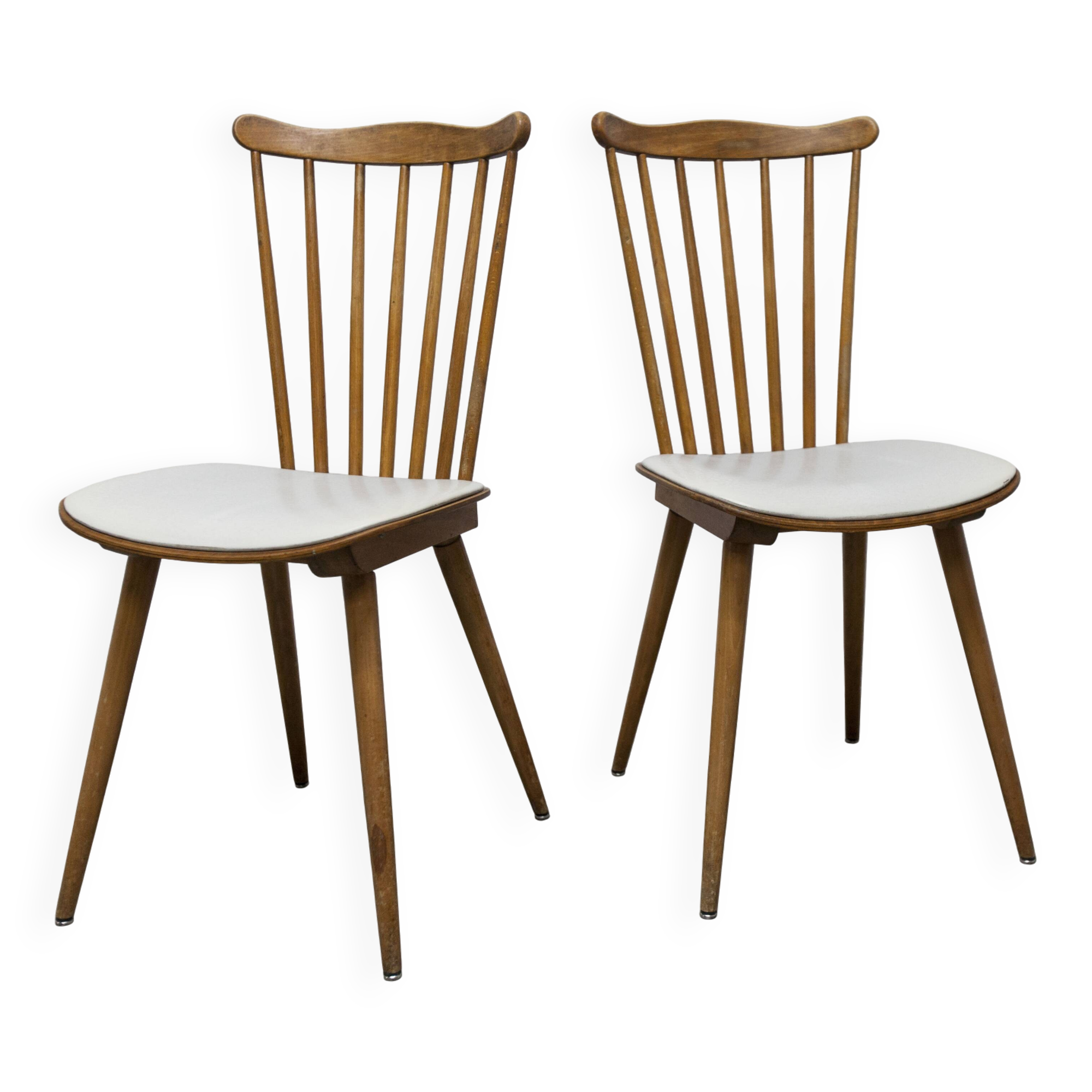 Pair of Baumann Menuet chairs, Honey patina, White skai seat