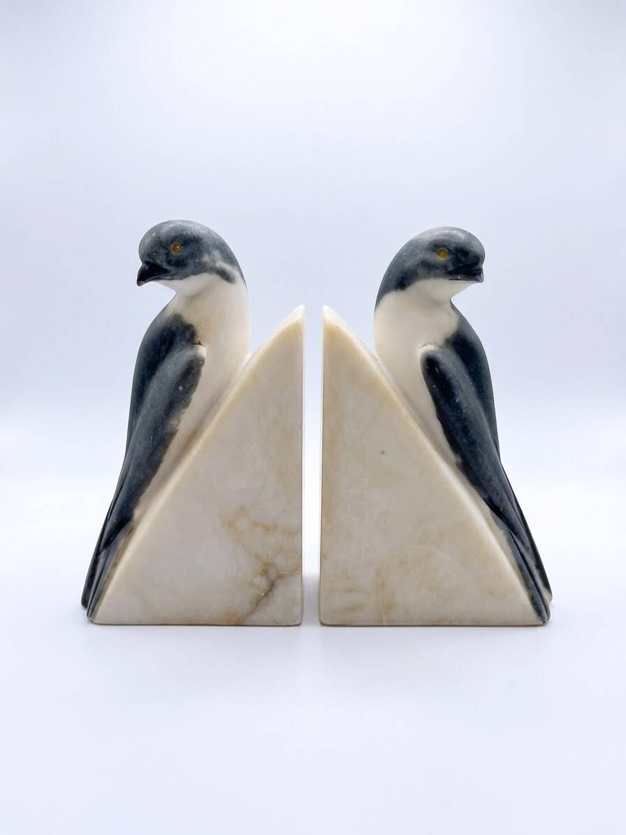 Bookends BIRDS Art Deco Alabaster Marble Vintage Italian Sculpture