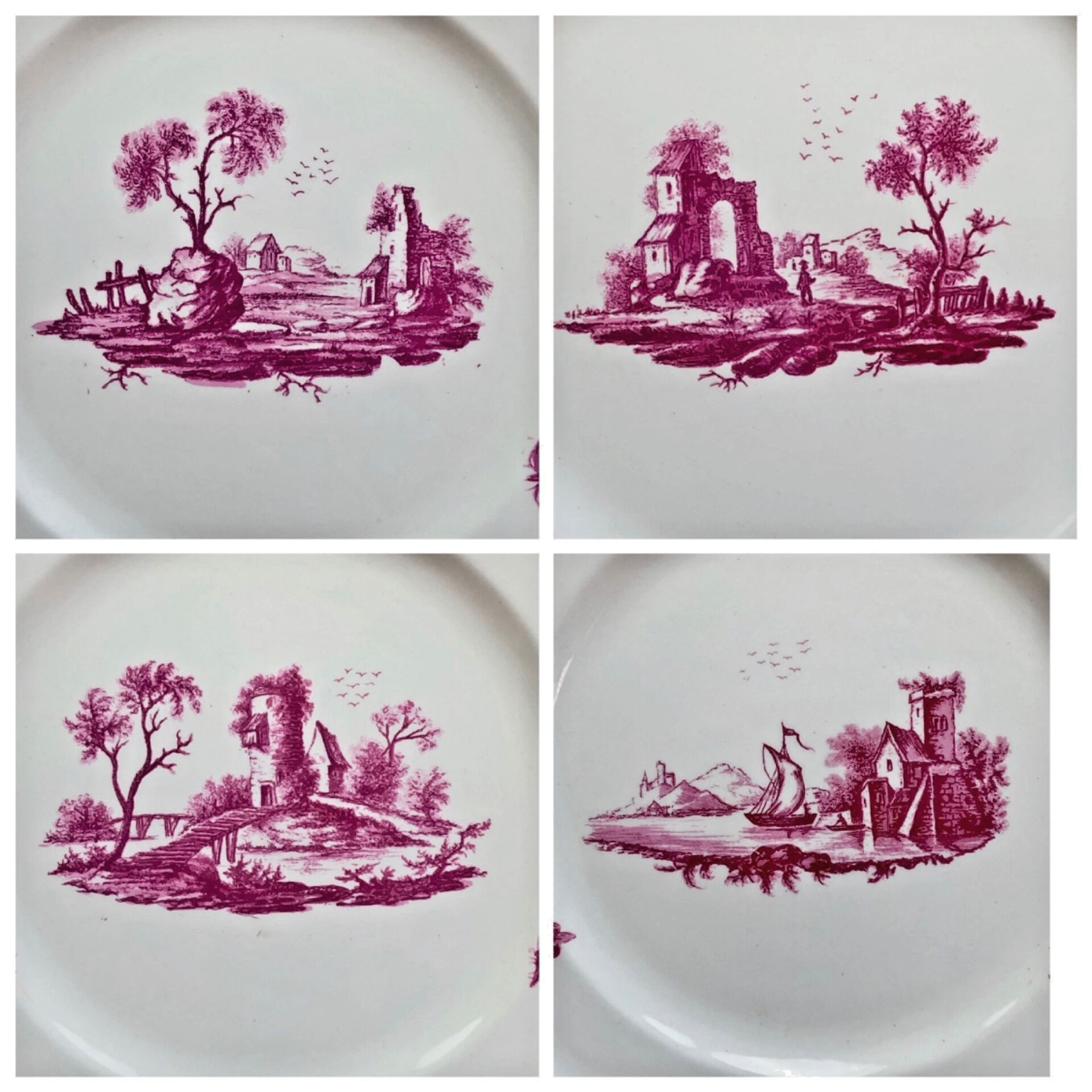 6 old flat table plates, Gien earthenware, pink landscape model.