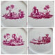 6 old flat table plates, Gien earthenware, pink landscape model.