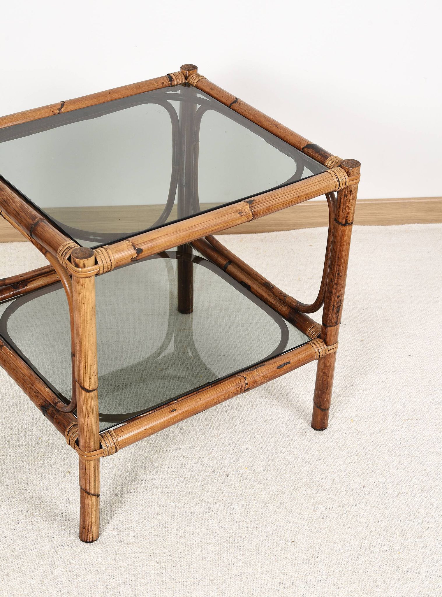 Bedside table or coffee table in bamboo and smoked glass, double top, 70s