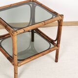 Bedside table or coffee table in bamboo and smoked glass, double top, 70s