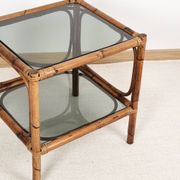Bedside table or coffee table in bamboo and smoked glass, double top, 70s