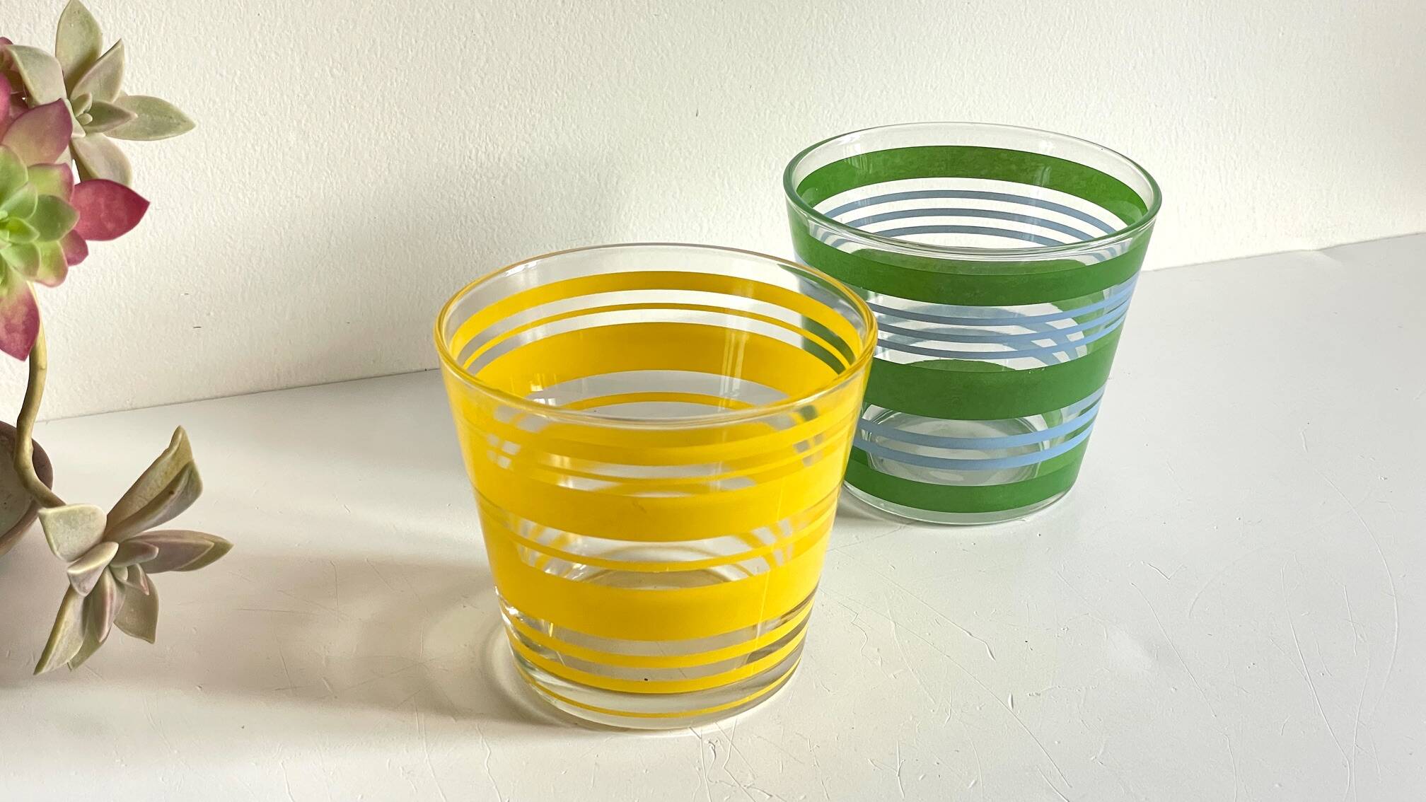 Pair of VINTAGE Silkscreened Glass Plant Pots