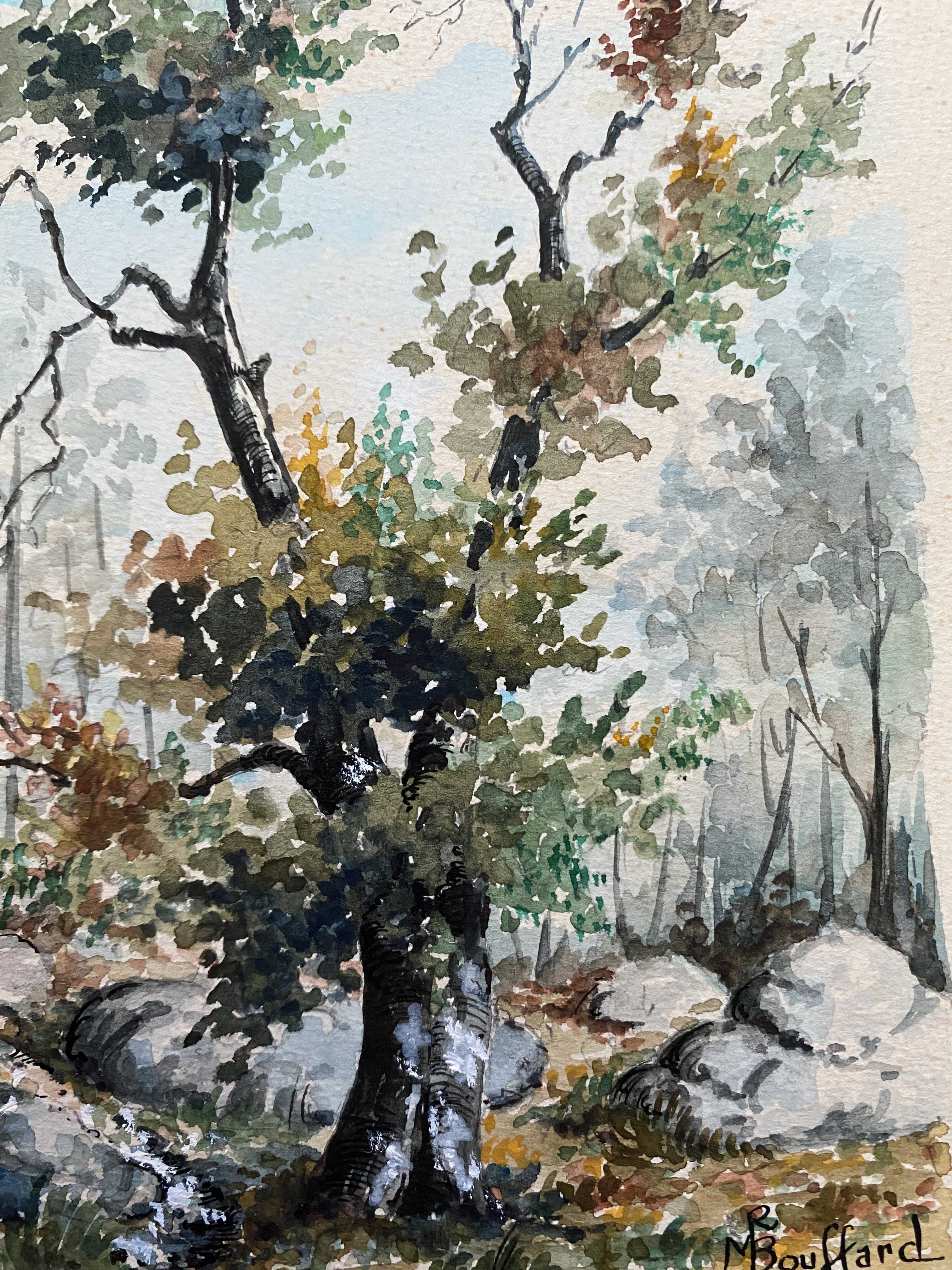 Watercolor painting "On the edge of the forest" signed MR Bouffard - mid 20th century