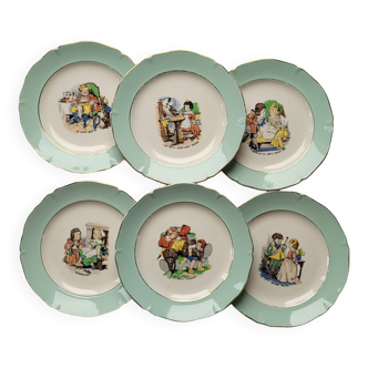 Lot de 6 assiettes à dessert Ceranord St Amand-décor contes traditionnels Années 30