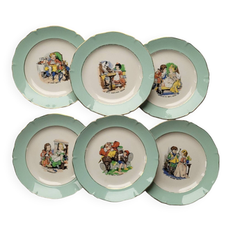 Set of 6 Ceranord St Amand dessert plates - traditional tales decor 1930s