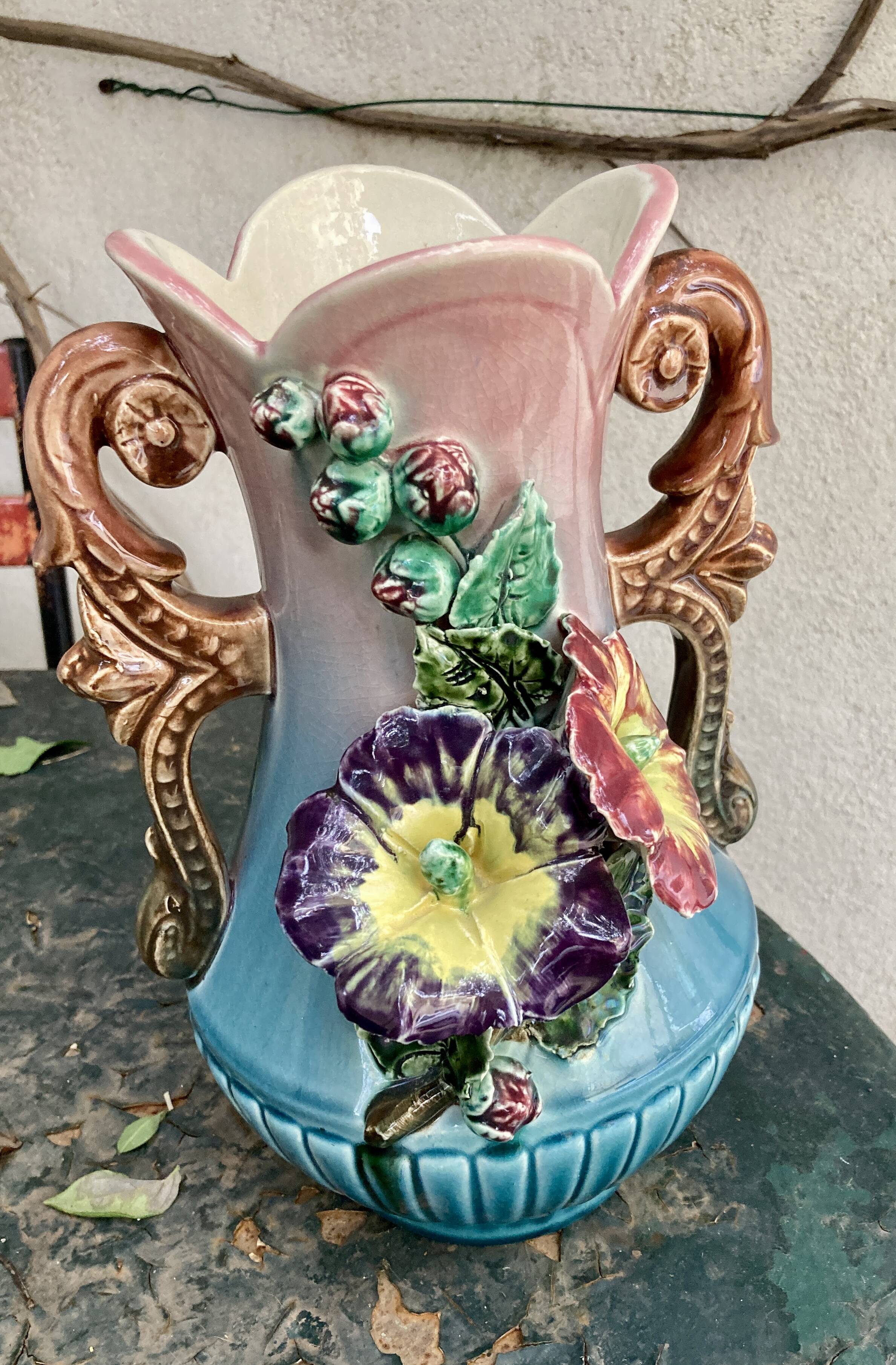 Barbotine vase with flower decoration - early 20th century