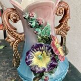 Barbotine vase with flower decoration - early 20th century