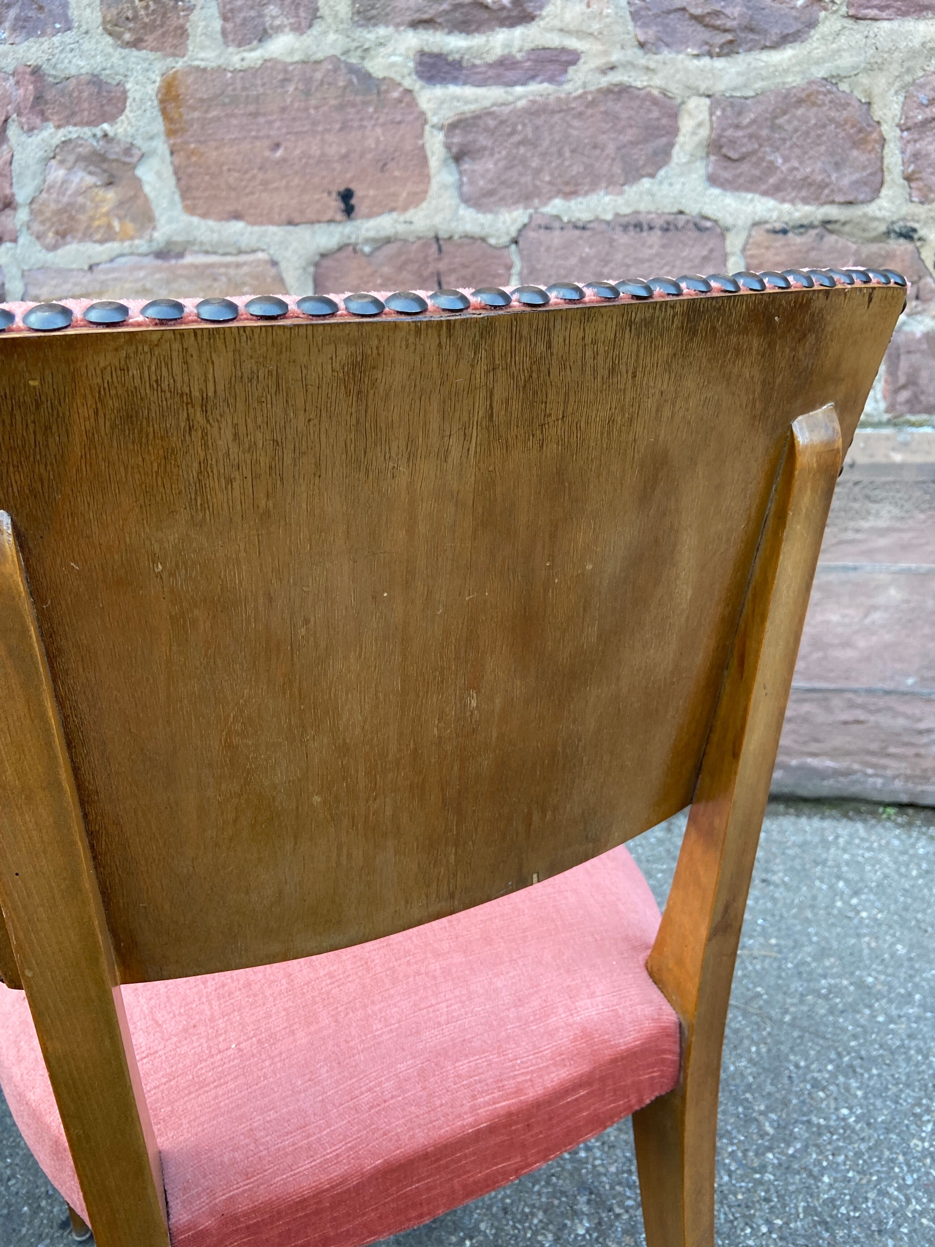Suite of 6 art deco chairs 1950 walnut & pink velvet