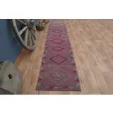 1970s Vintage Turkish Oushak Handmade Wool Cotton Purple Runner Rug 74x355