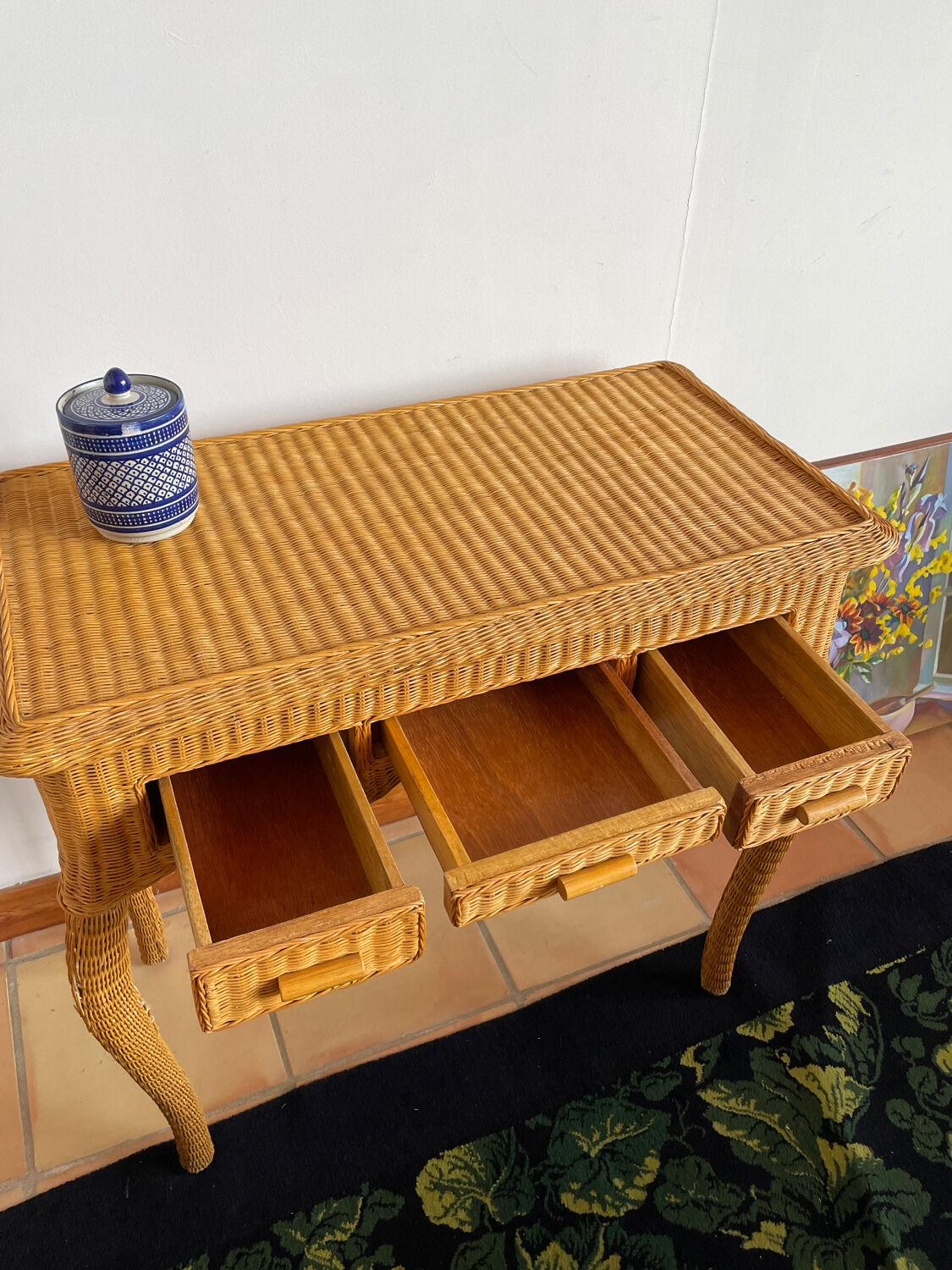 Rattan console desk with curved legs, 1970s