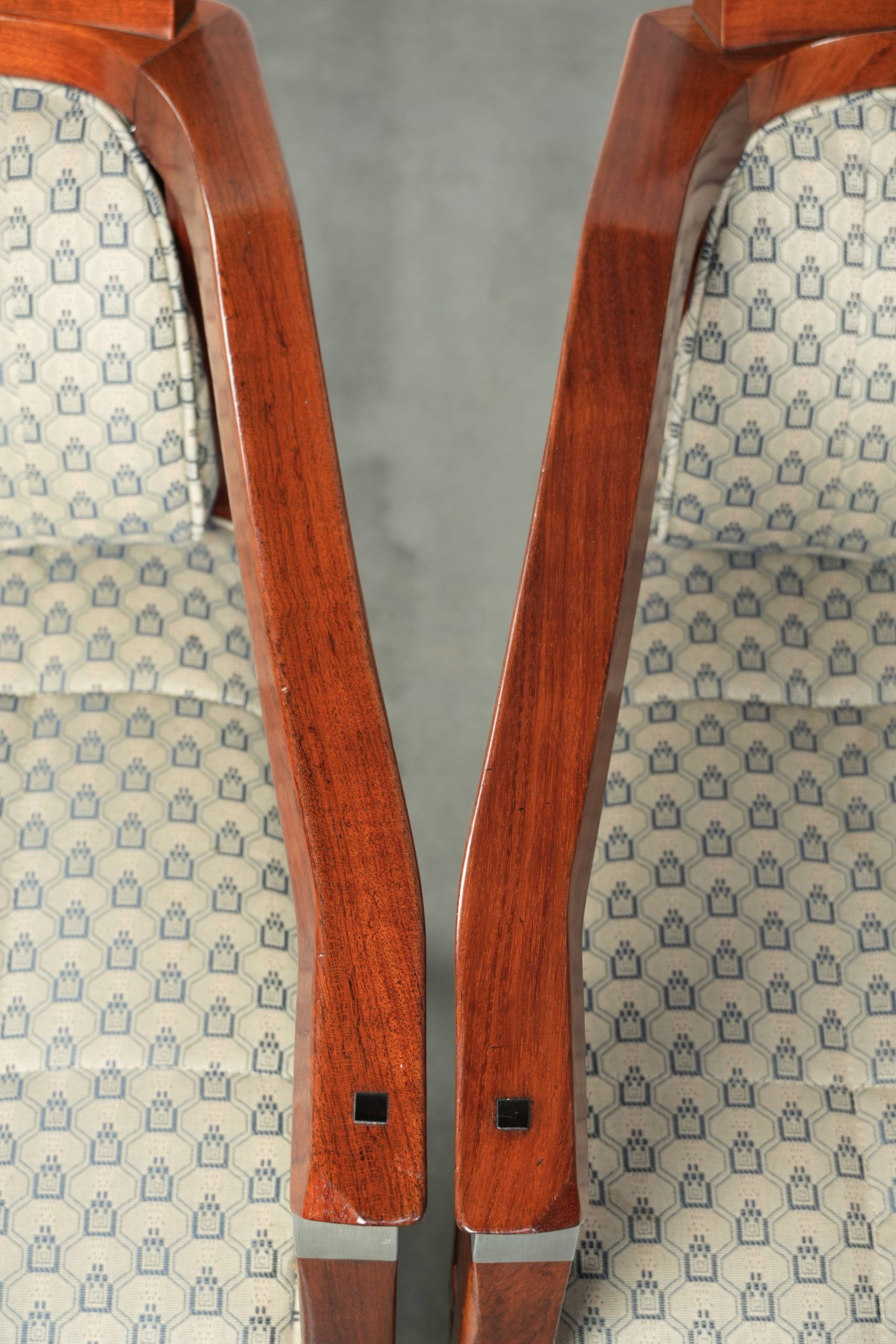 In very good condition Art Deco design dining chairs with fabric upholstery