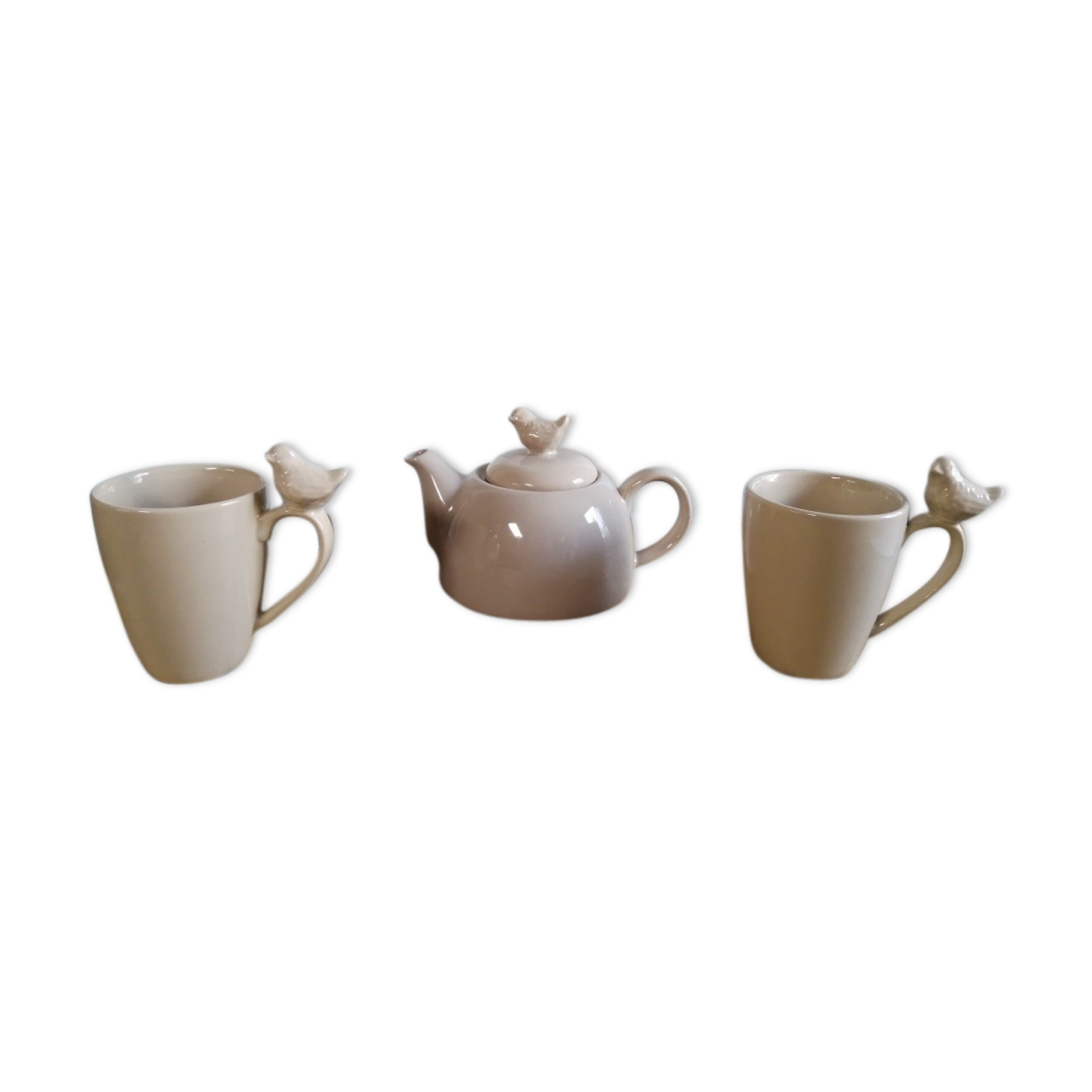 Tea service teapot cups porcelain beige bird décor