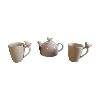 Tea service teapot cups porcelain beige bird décor