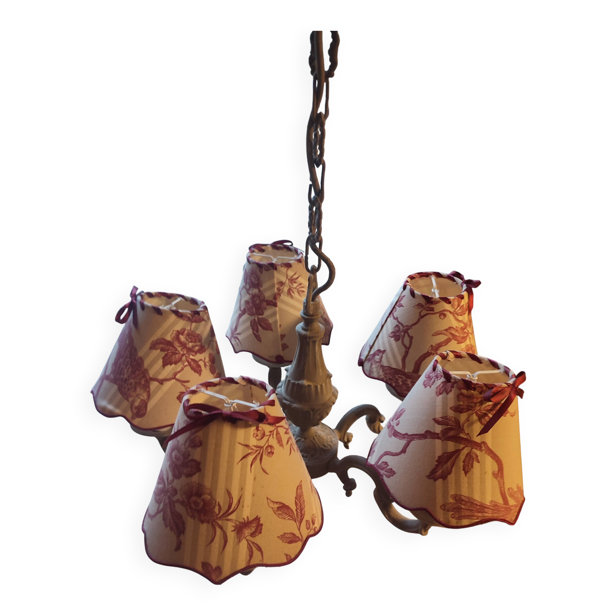 Lustre with 5 branches in bronze and grey, Gustavo style, lampshade in toile de Jouy.