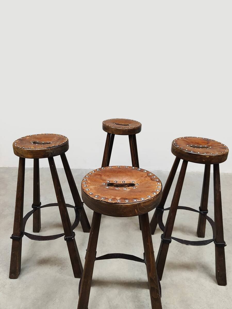 Vintage Spanish leather barstools 'Brutalism'