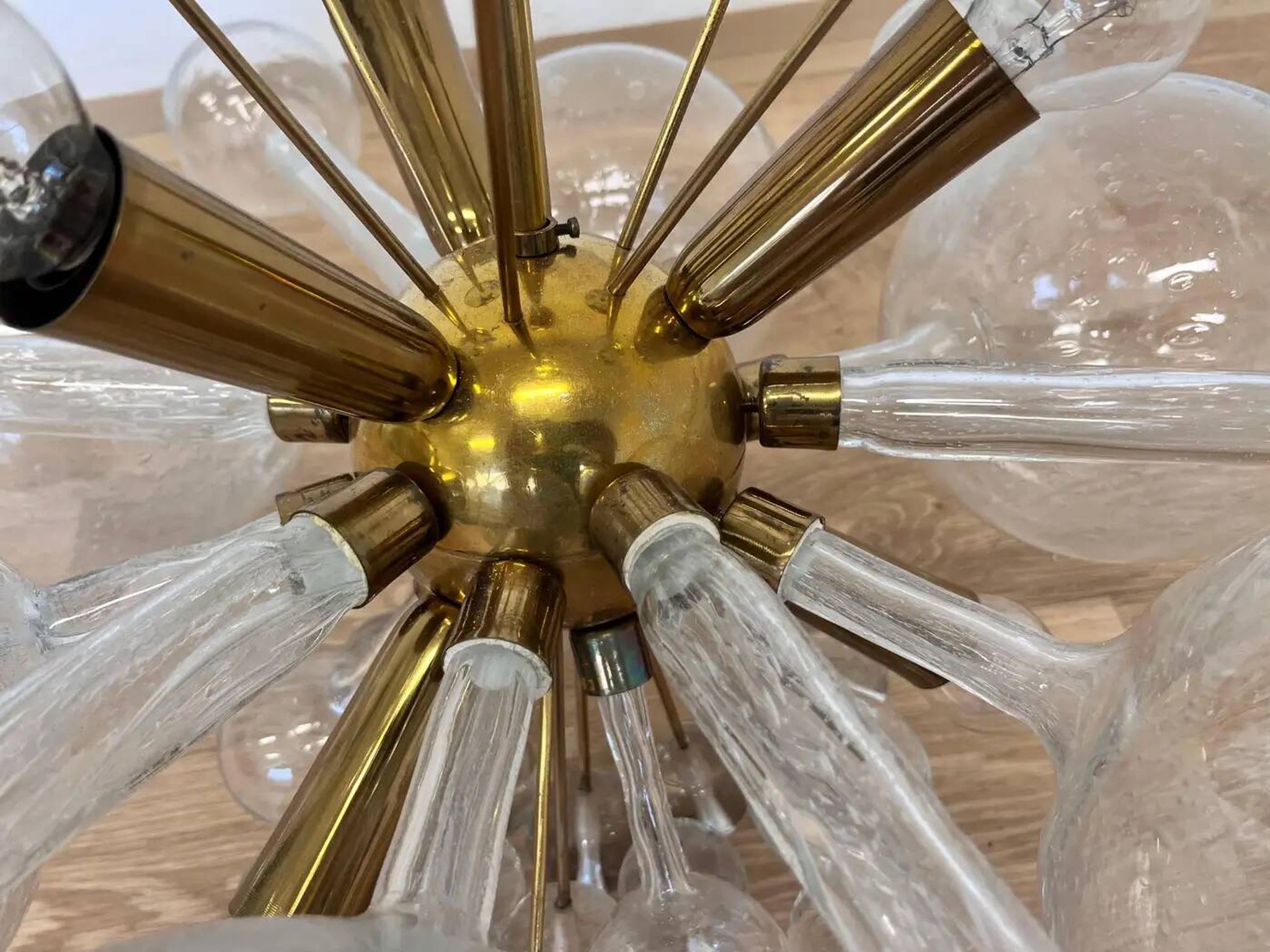 Design art glass and brass chandelier by Rene Roubicek, Czechoslovakia, 1960s