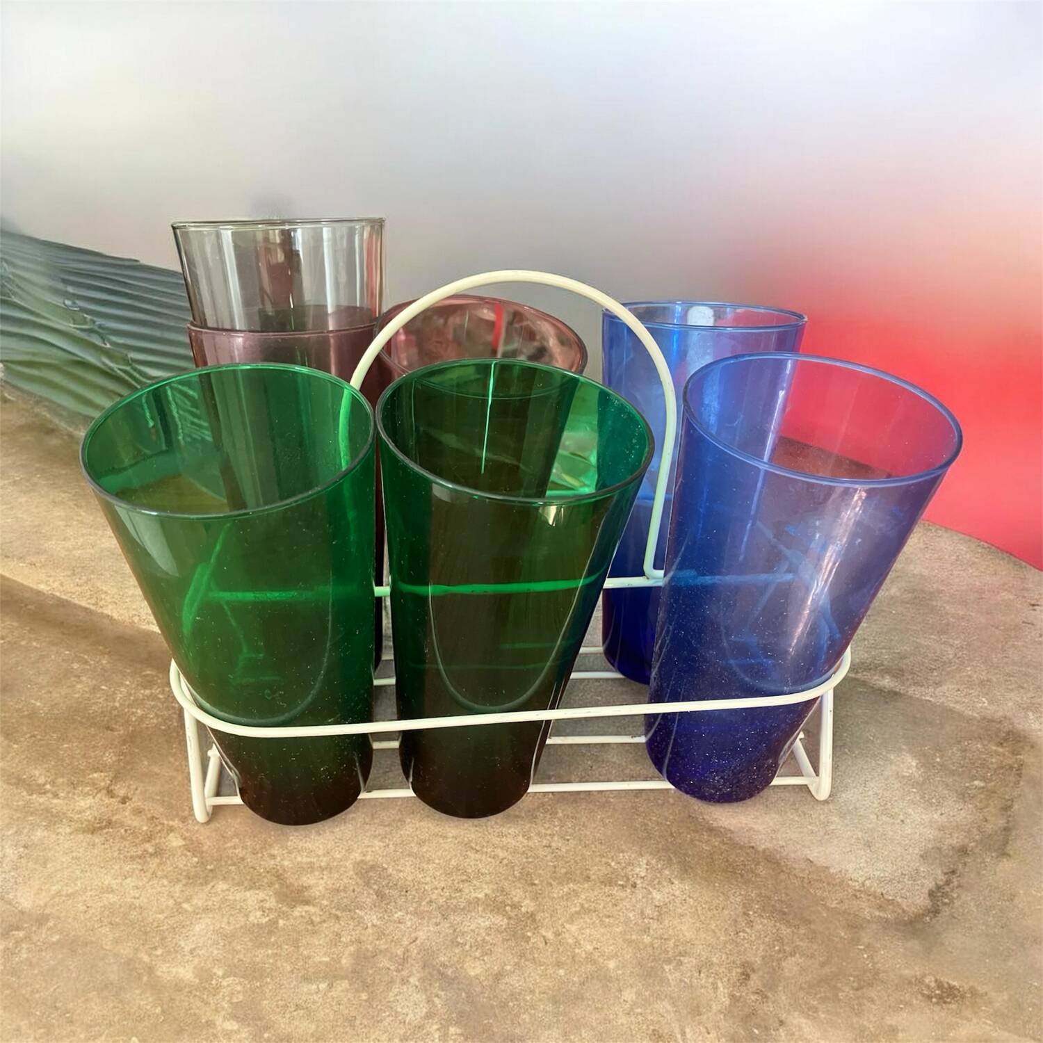 7 coloured glass glasses, 1960s-70s