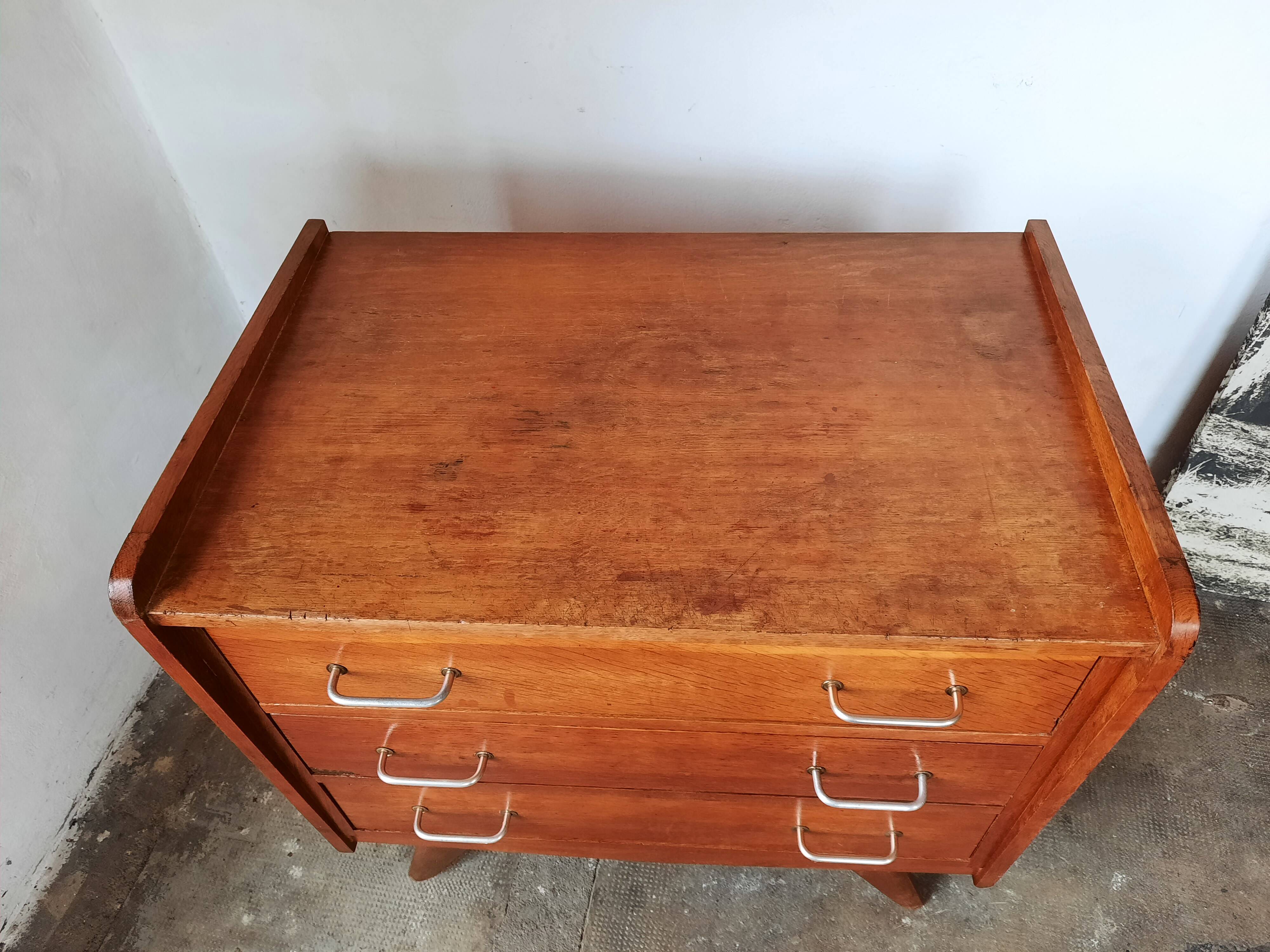 Oak chest of drawers with compass foot, vintage reconstruction