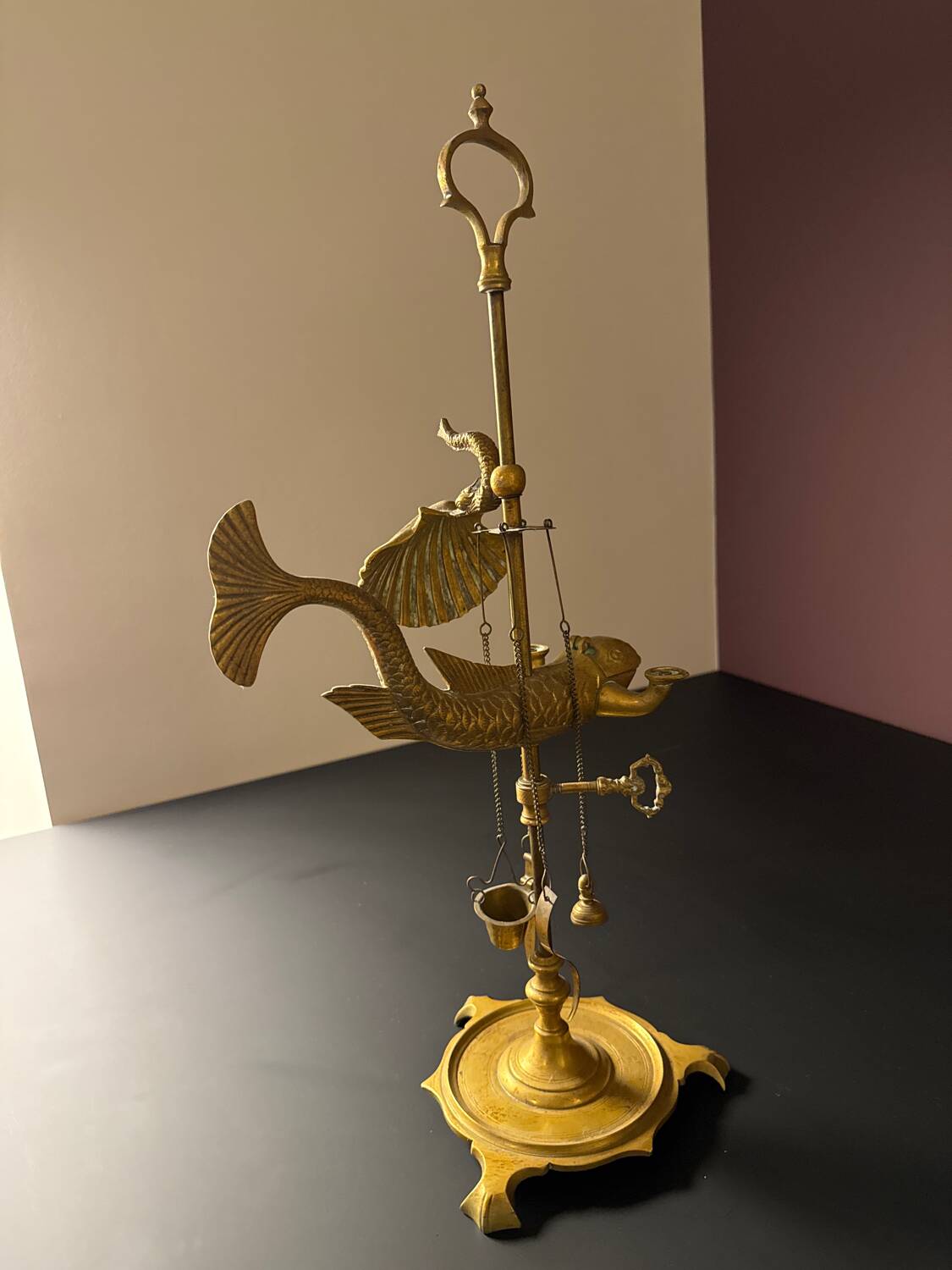 Antique brass oil lamp with fish decoration – marine object – cabinet