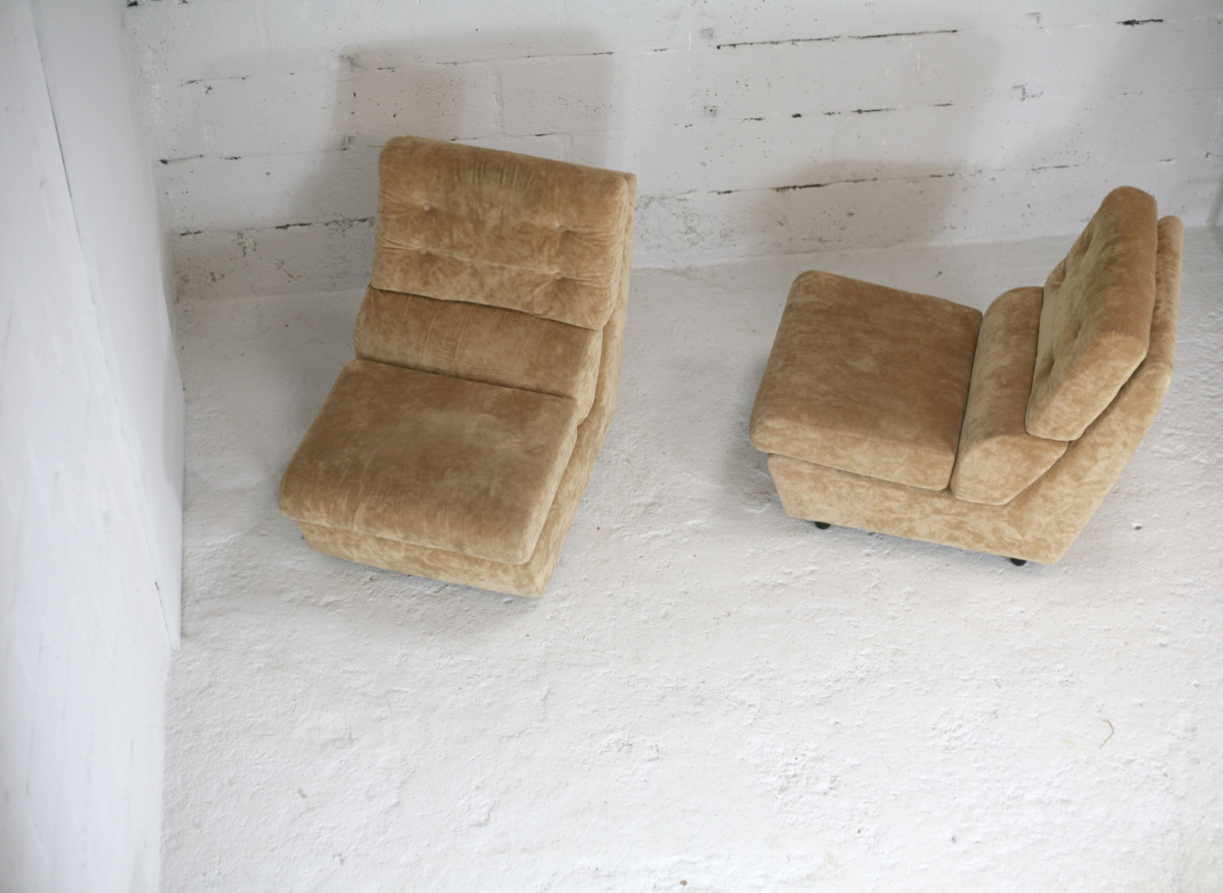 Pair of armchairs "Space Age", foam and velvet "honey", France, circa 1970