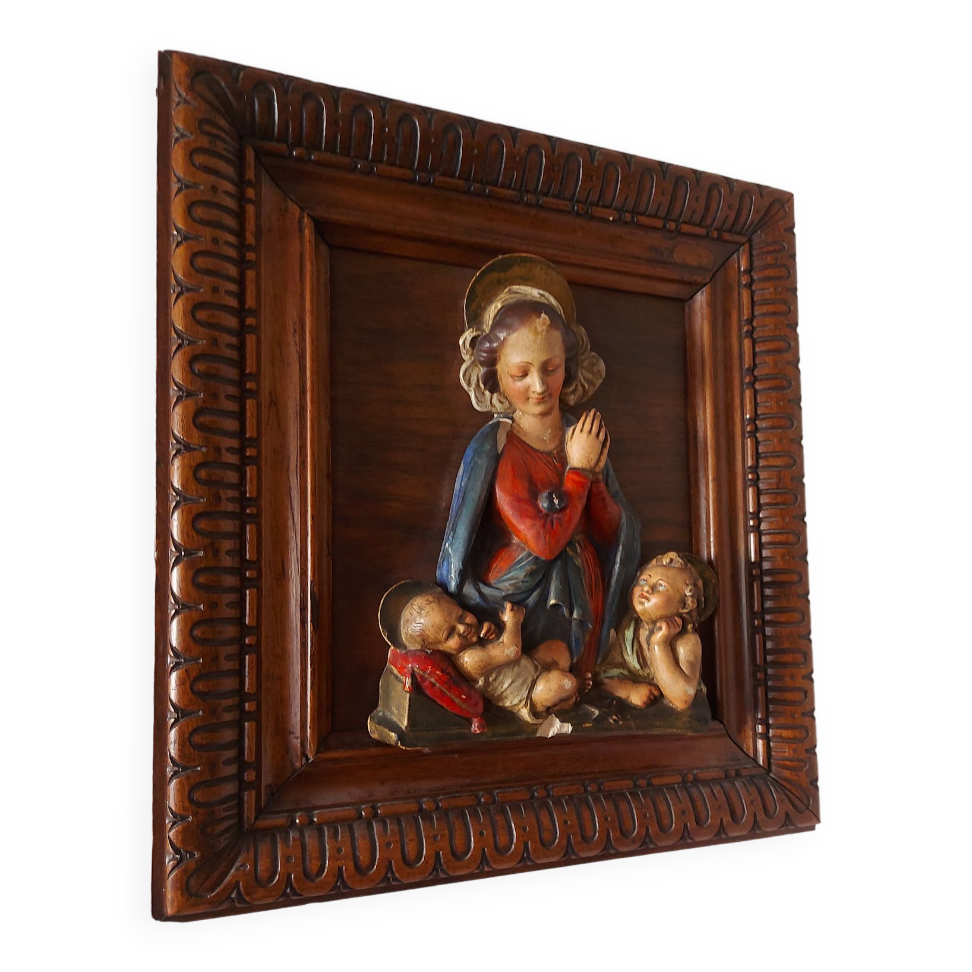 Painting, low relief in polychrome plaster, virgin mary, child jesus on wooden frame