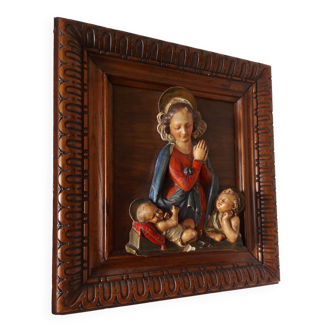 Tableau , bas relief en platre polychrome , vierge marie , enfant jesus sur cadre bois