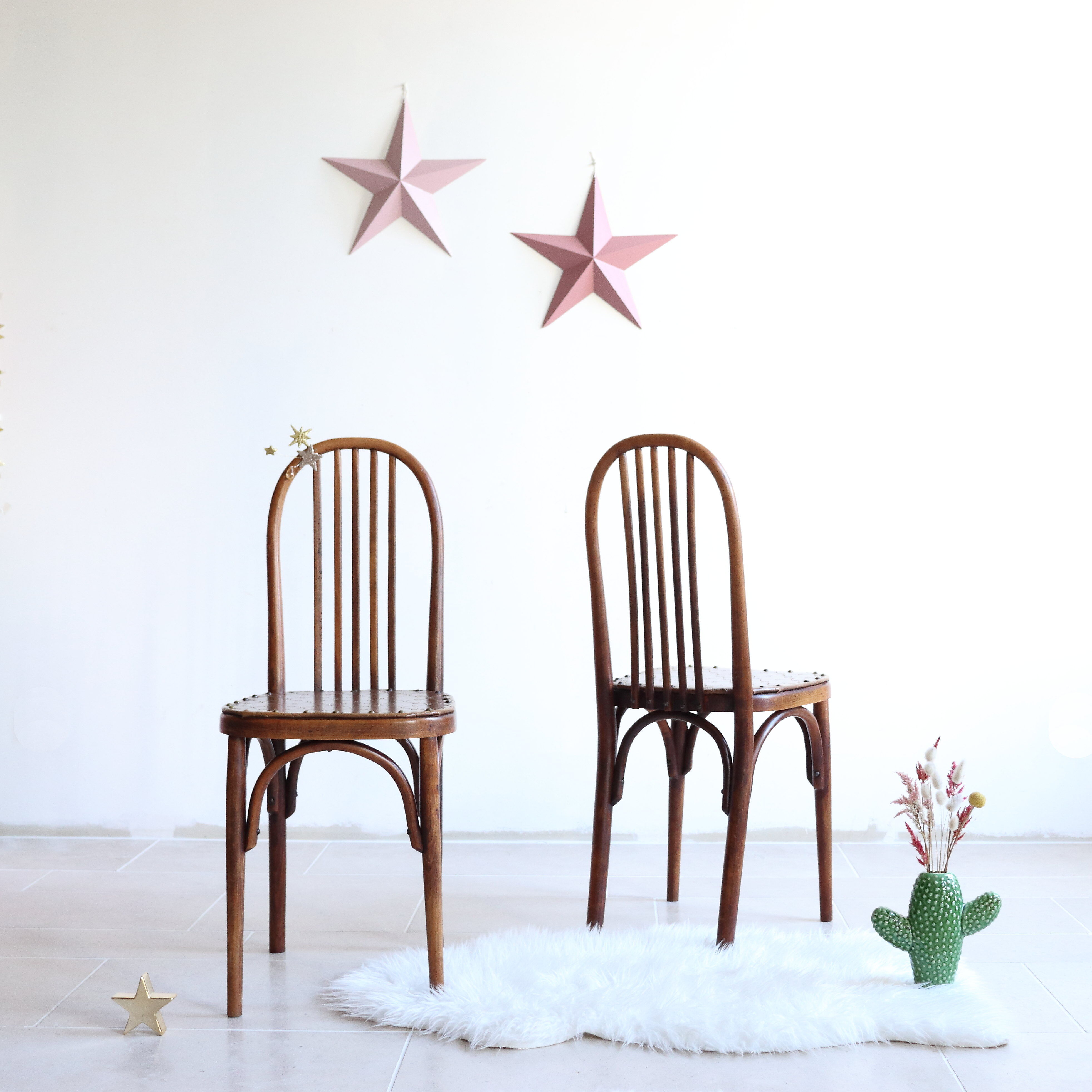 Set of 4 Luterma bistro chairs in curved wood and imitation leather, early 20th century