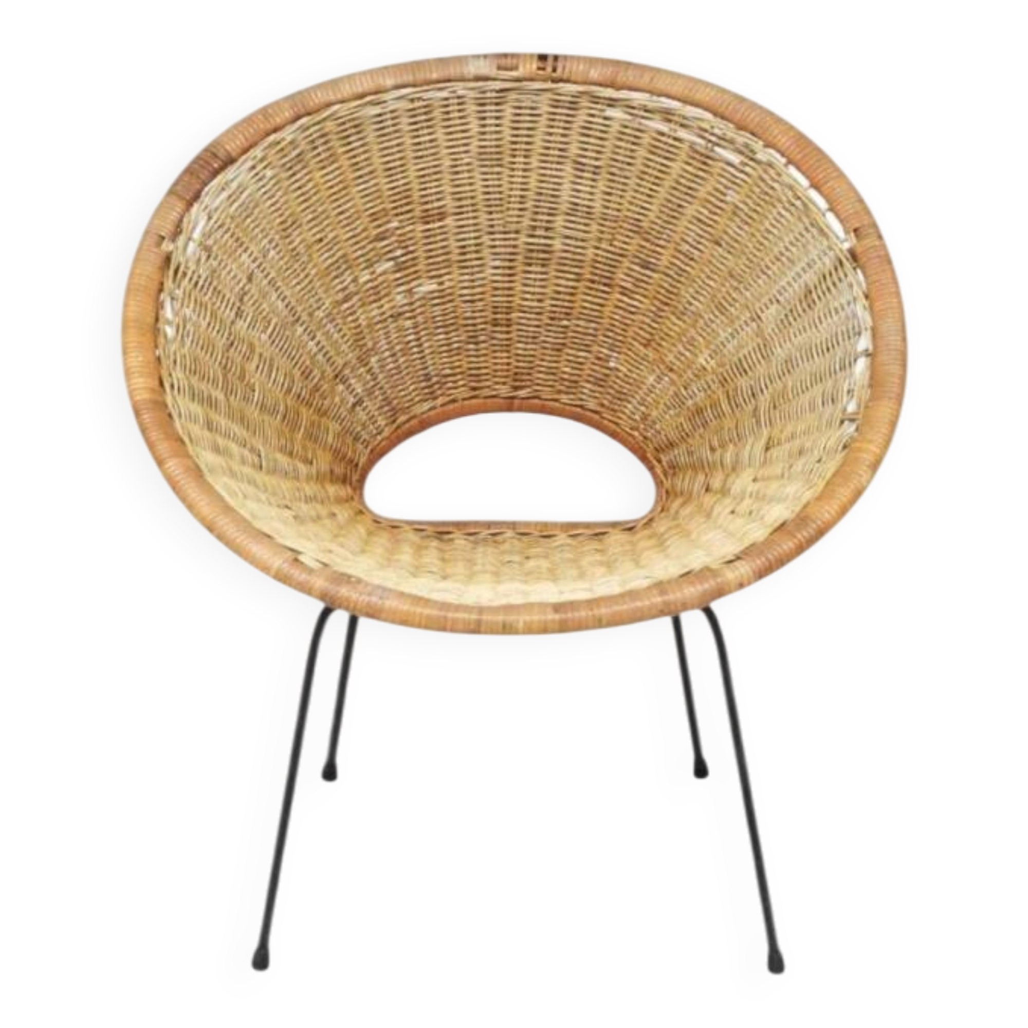 Vintage basket chair in wicker and black metal, 1960s