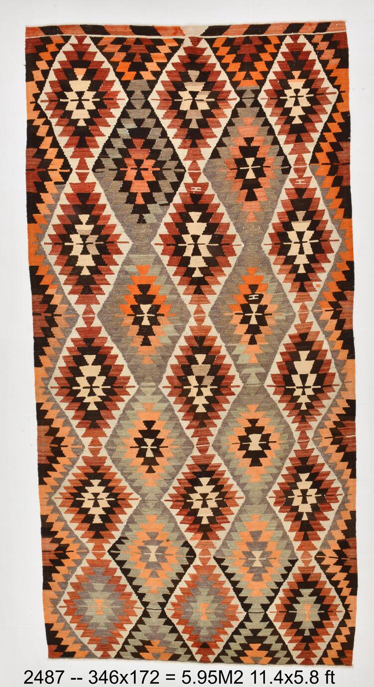 6x11 Geometric Pattern Turkish Vintage Kilim Rug, 172x346Cm