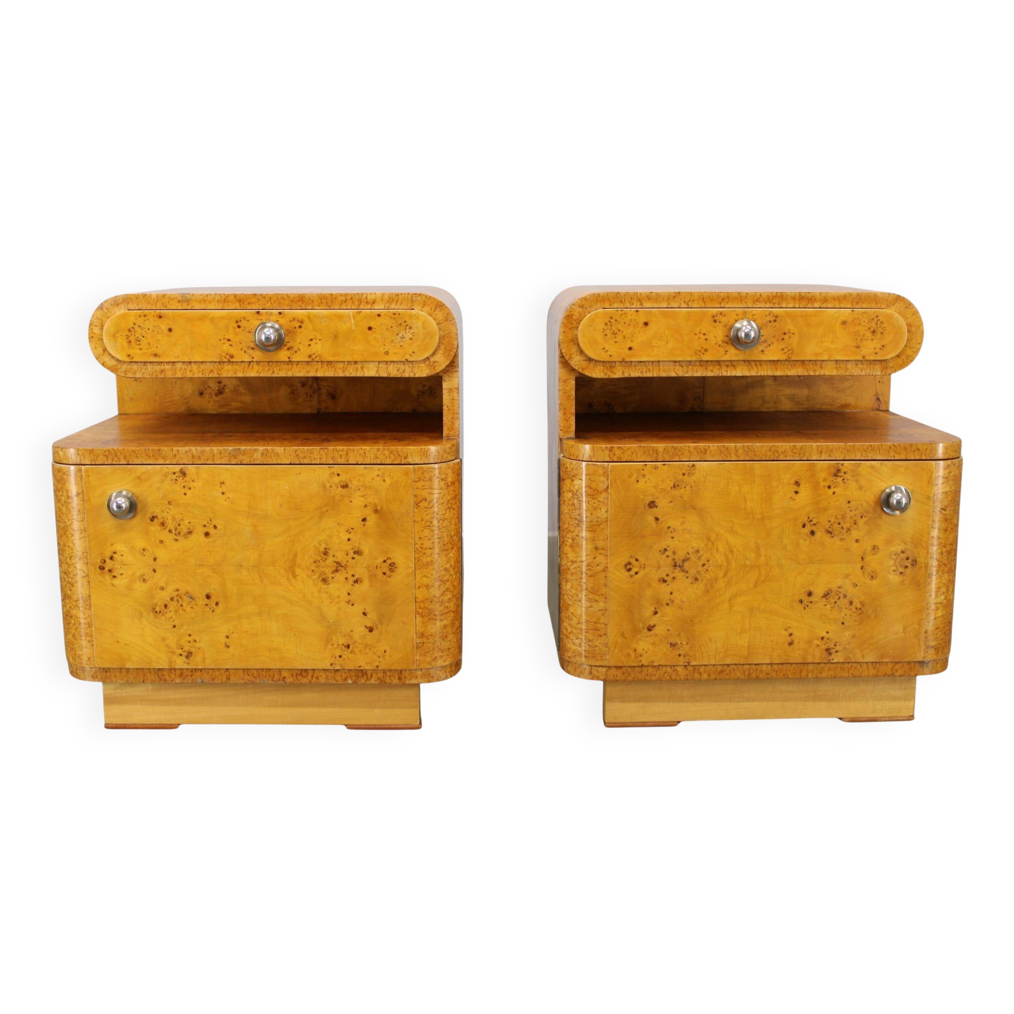 Pair of Art Deco burl wood nightstands, Czechoslovakia, 1940s