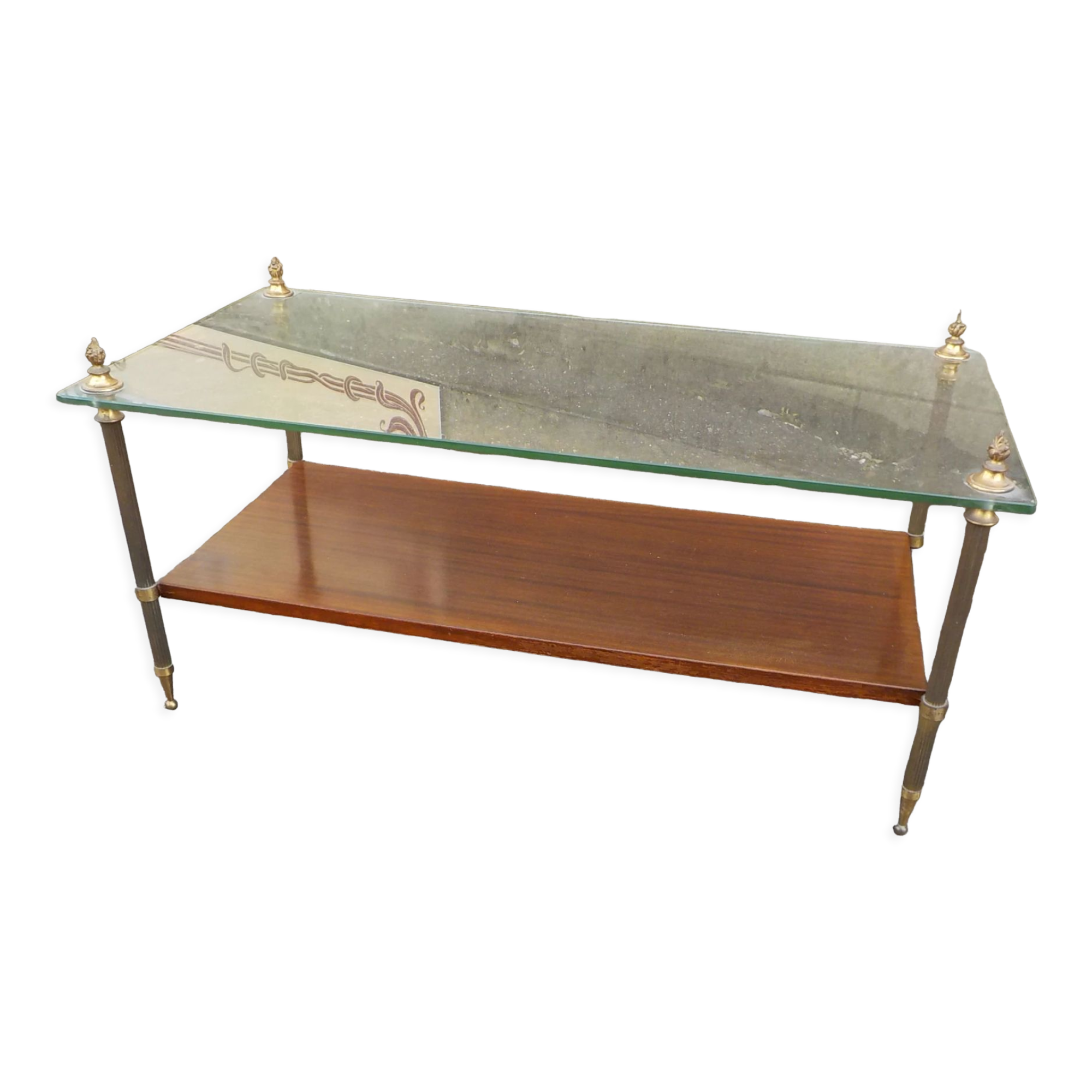 Coffee table or end of canape top glass and wood under bronze frame