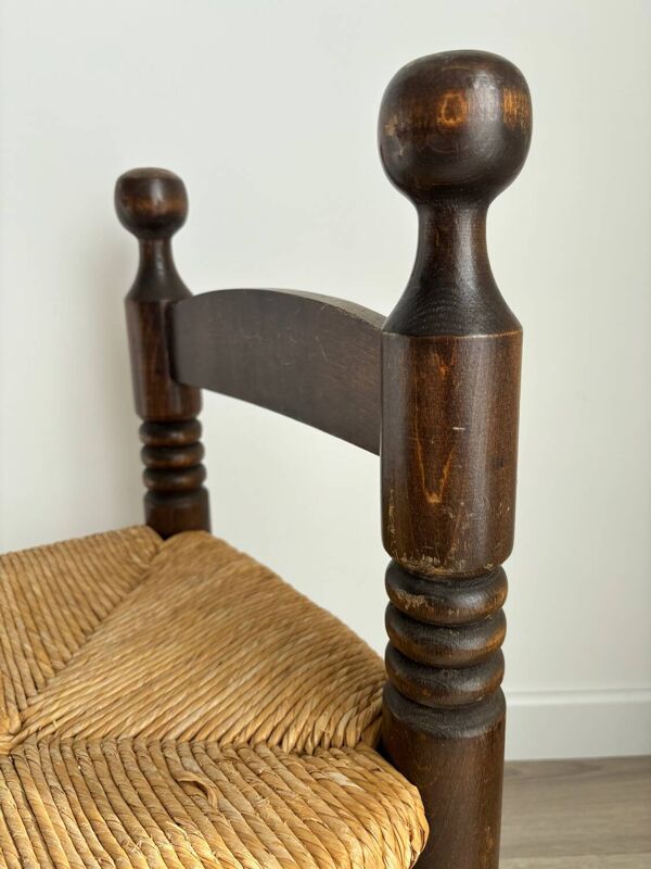 Chaise basse, de cheminée vintage style Charles Dudouyt en bois et paille