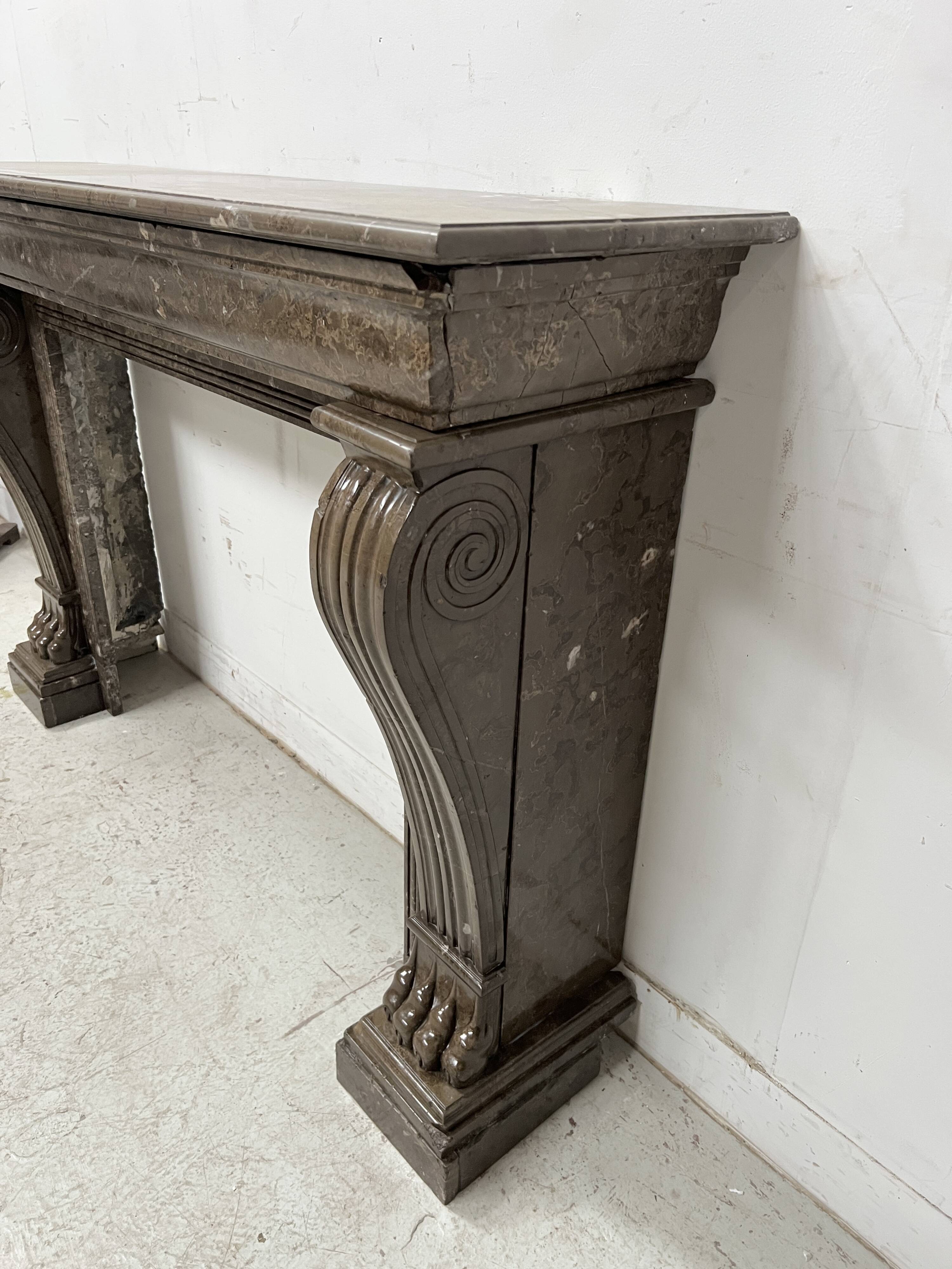 Napoleon III fireplace with claw feet in speckled marble, 19th century.