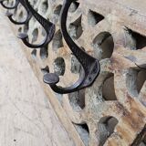 teak wall coat rack with 7 double cast iron hooks
