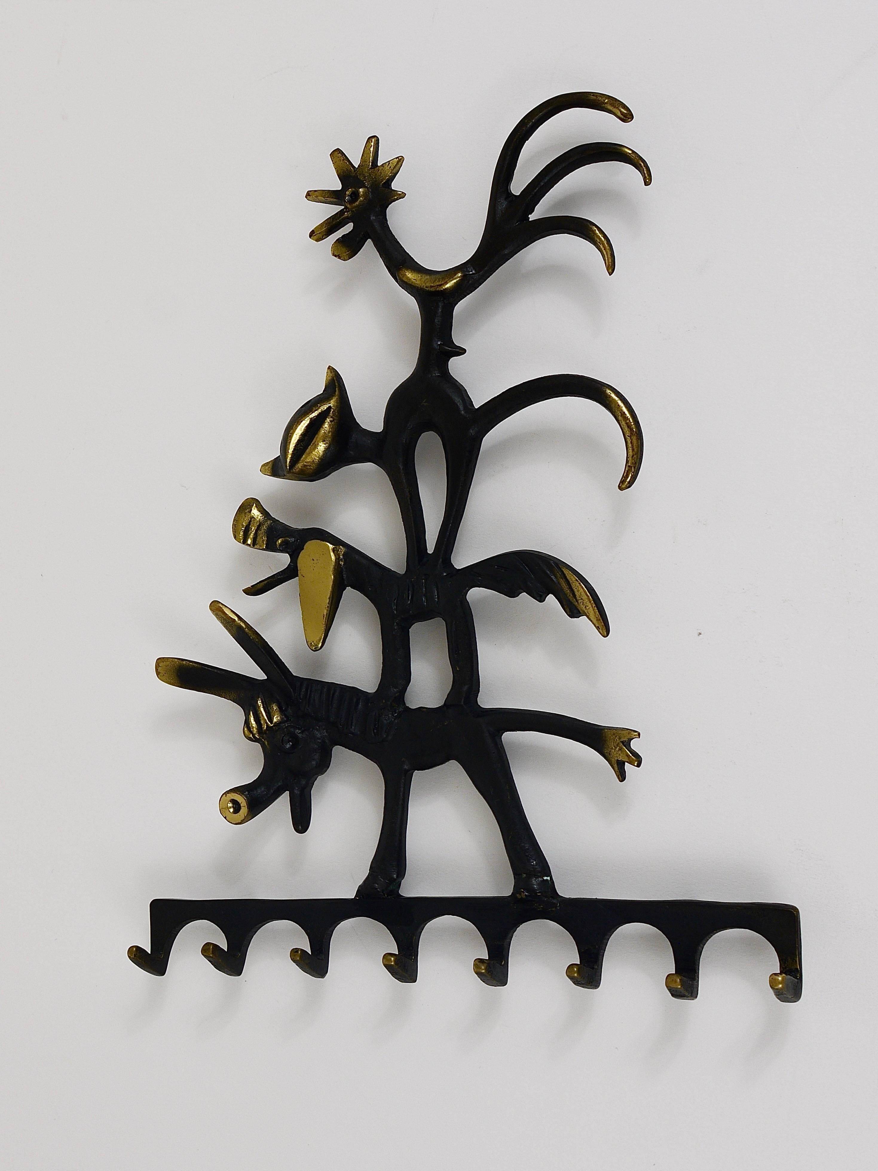 Walter Bosse brass keychains of a donkey, dog, cat, and rooster, Herta Baller, Austria