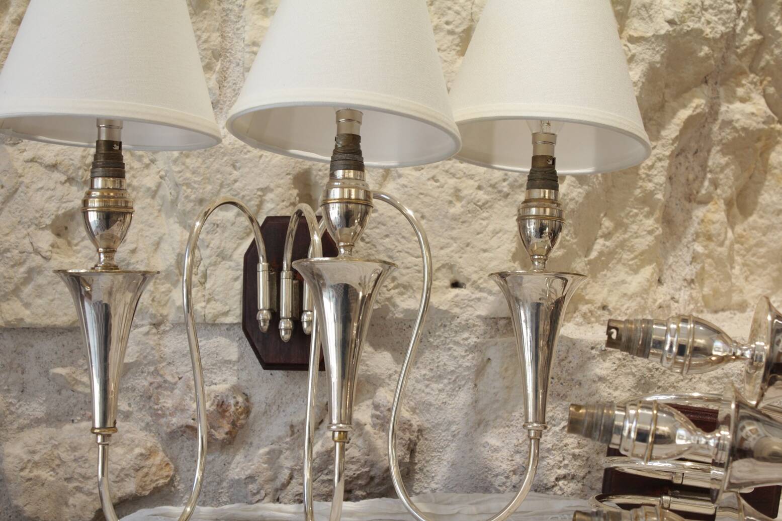 Pair of 3-arm wall lights in silver metal, 1940-1950