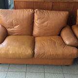 Pair of 2-seater fawn leather sofas Brunati Italian Design 1980