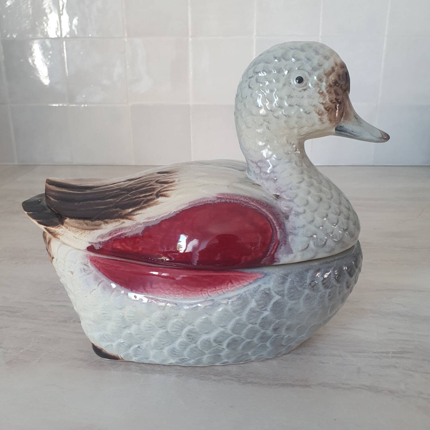 Duck-shaped slipware in the style of Michel Caugant.
