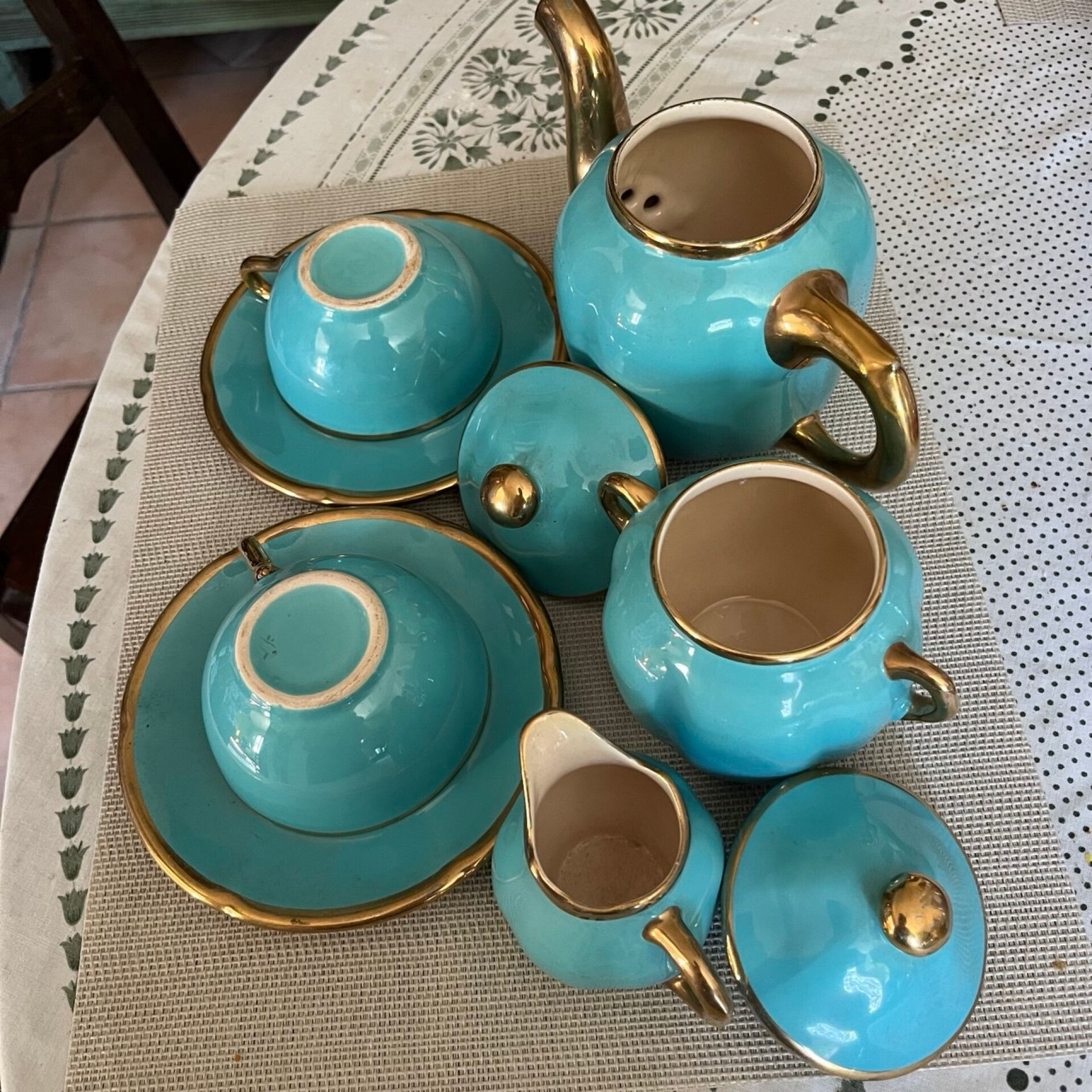 Vintage turquoise and gold ceramic tea set – teapot, sugar bowl.